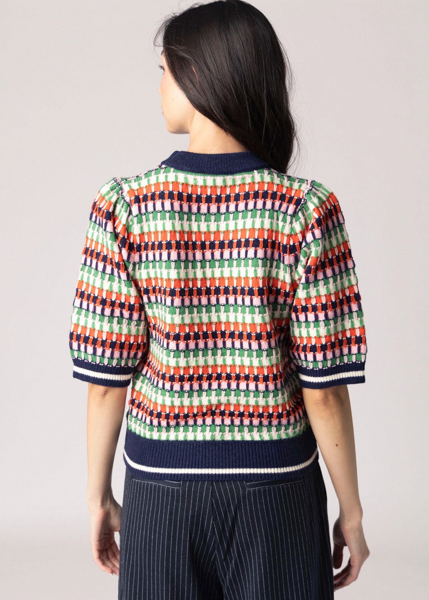 swatch_Navy Multi thml striped short sleeve sweater