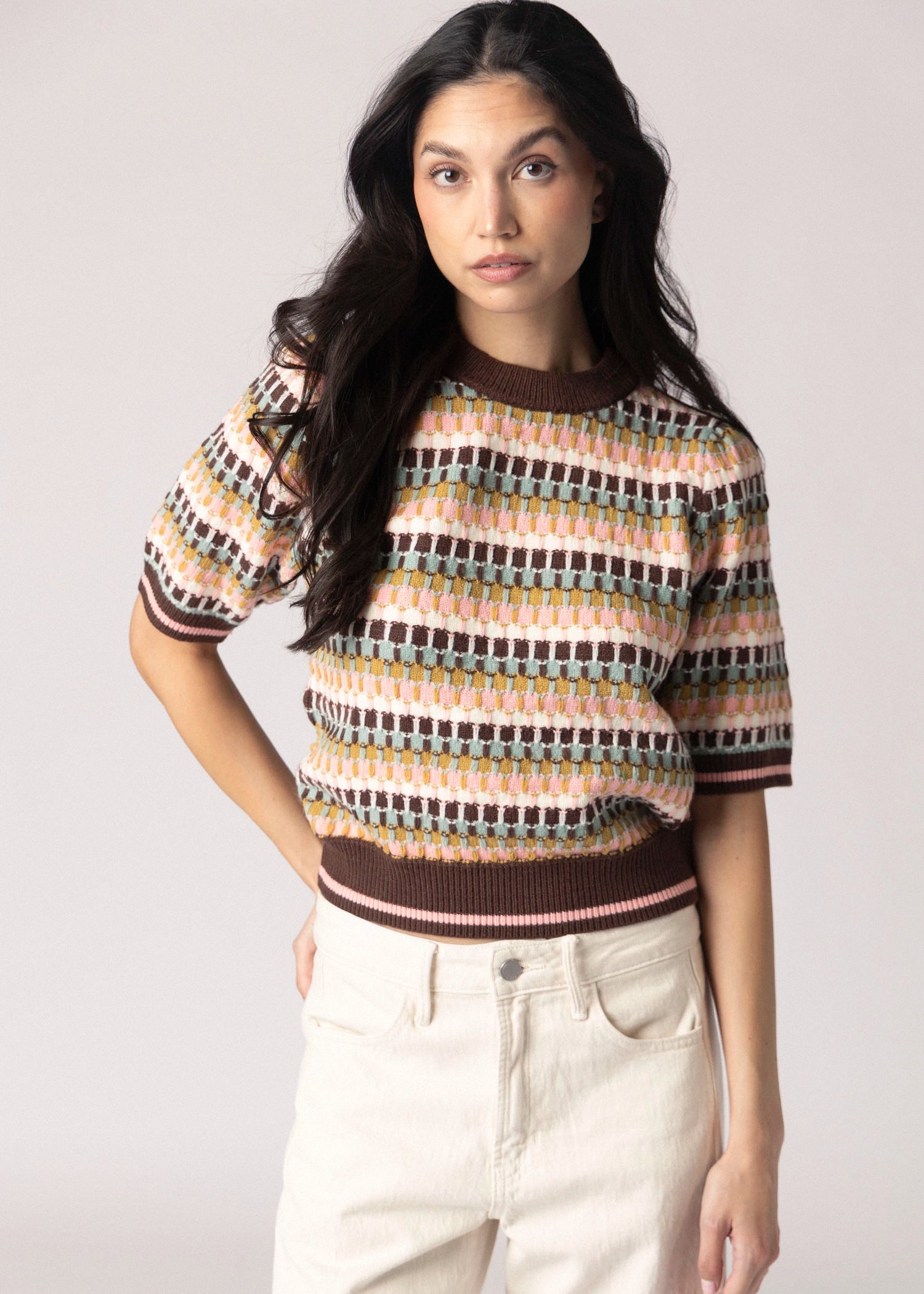 swatch_Brown Multi thml striped short sleeve sweater