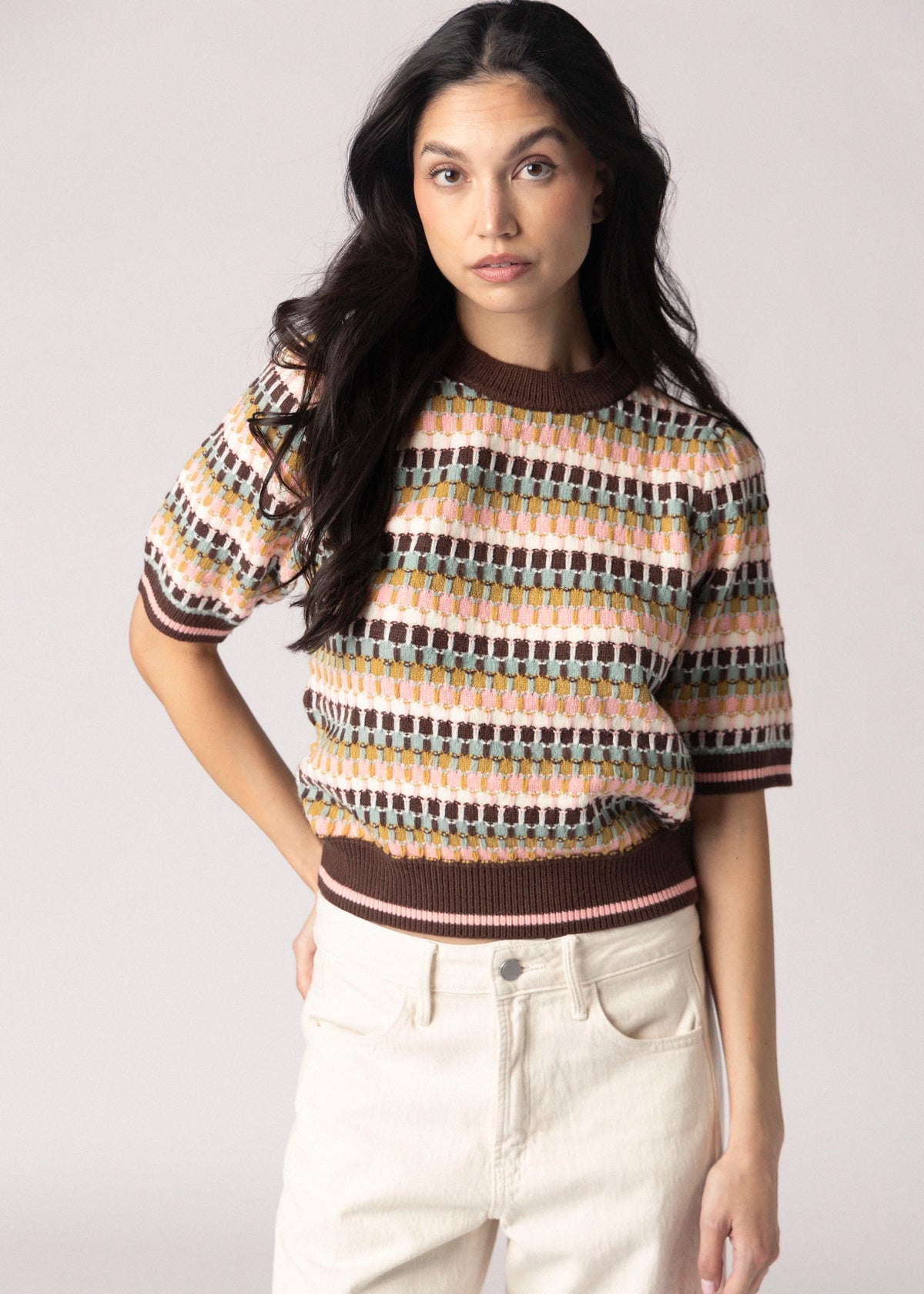 swatch_Brown Multi thml striped short sleeve sweater