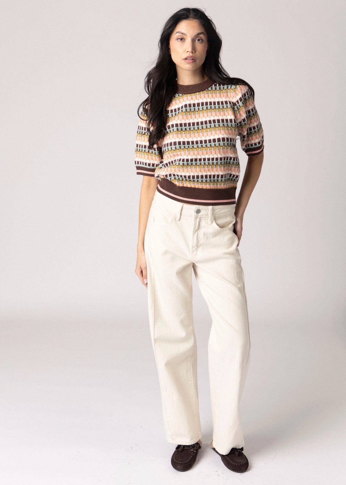 swatch_Brown Multi thml striped short sleeve sweater