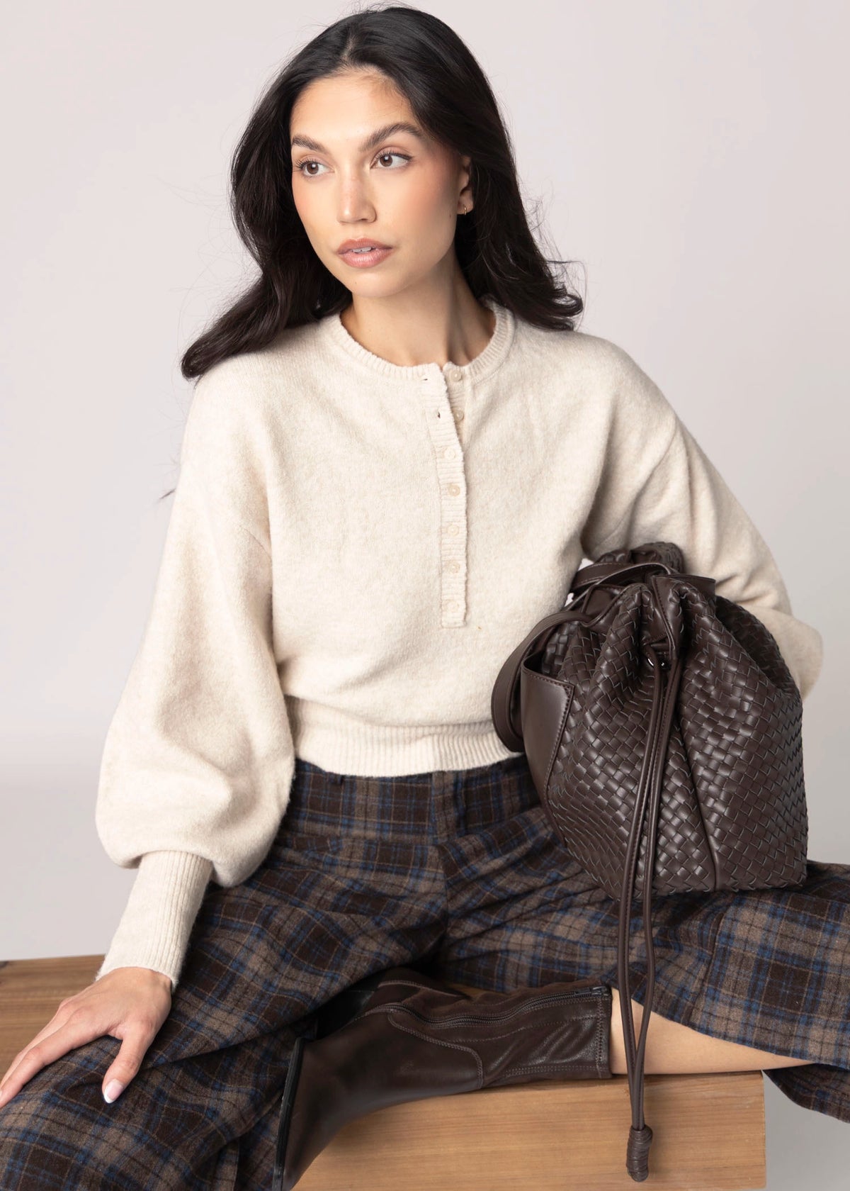 swatch_Blue/Brown plaid wide leg cropped pant