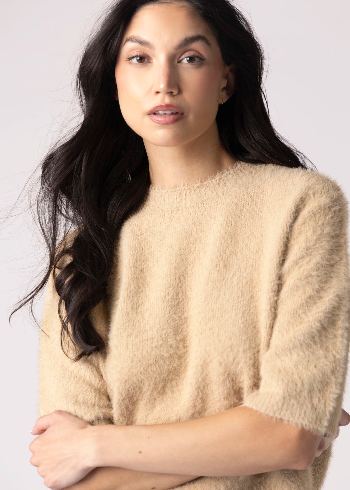 swatch_Tan fuzzy knit cropped sweater