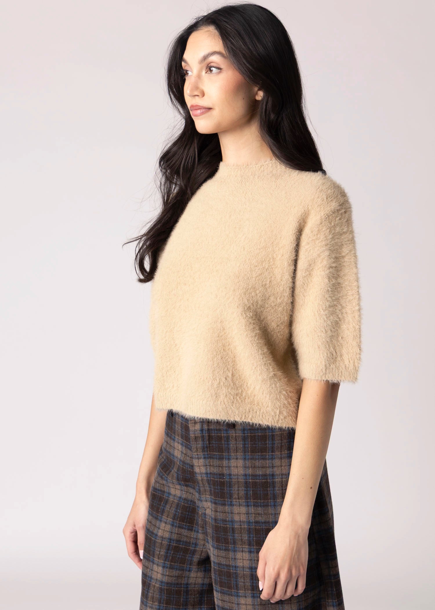 swatch_Tan fuzzy knit cropped sweater