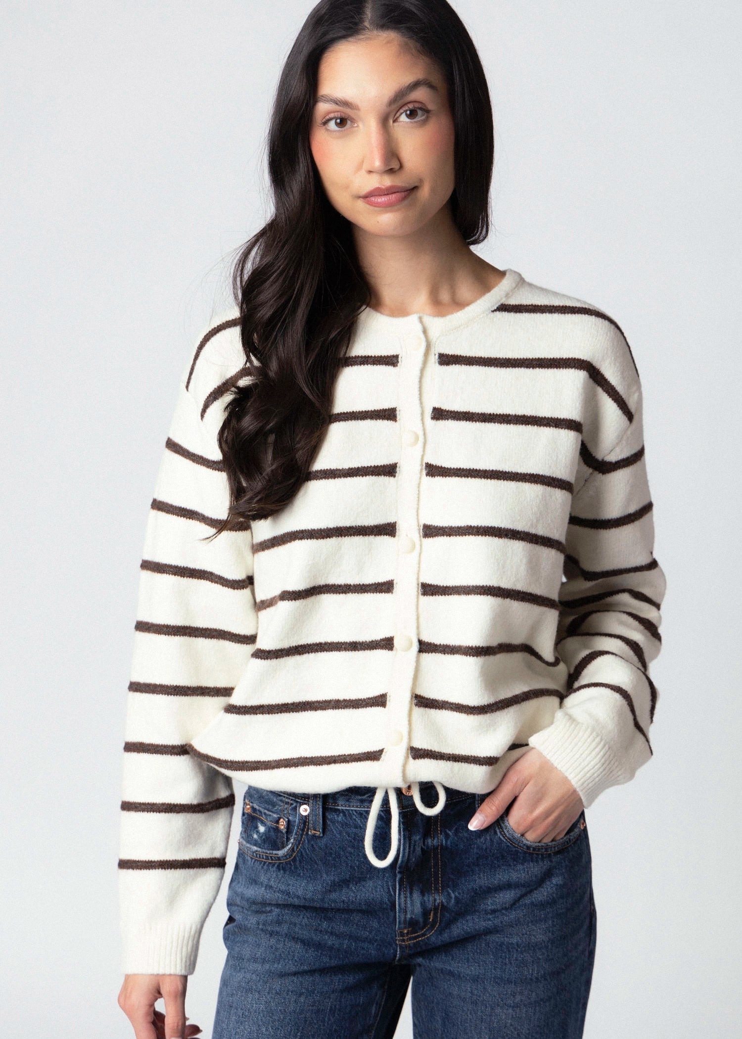swatch_Ivory/Brown striped drawstring cardigan