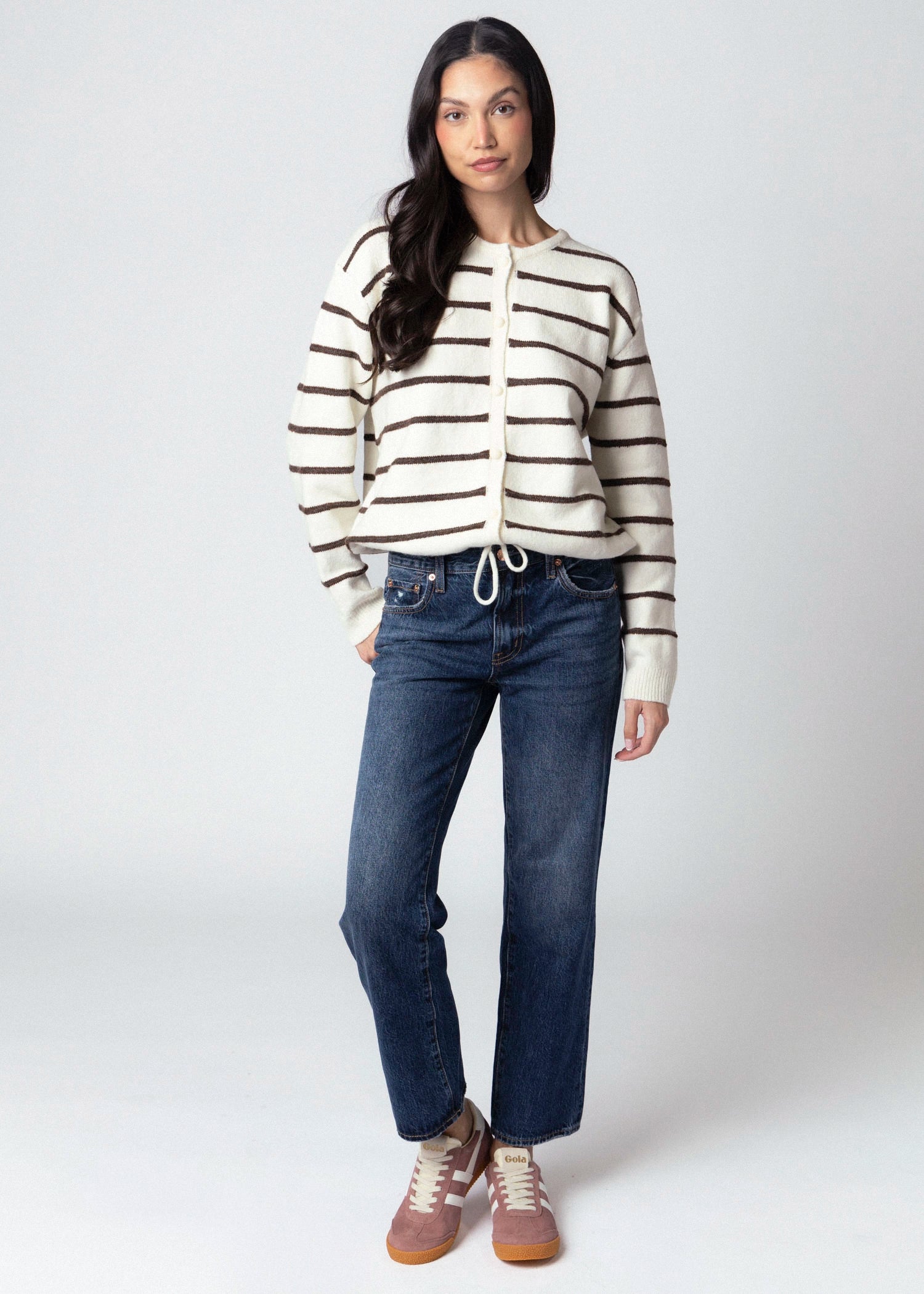 swatch_Ivory/Brown striped drawstring cardigan