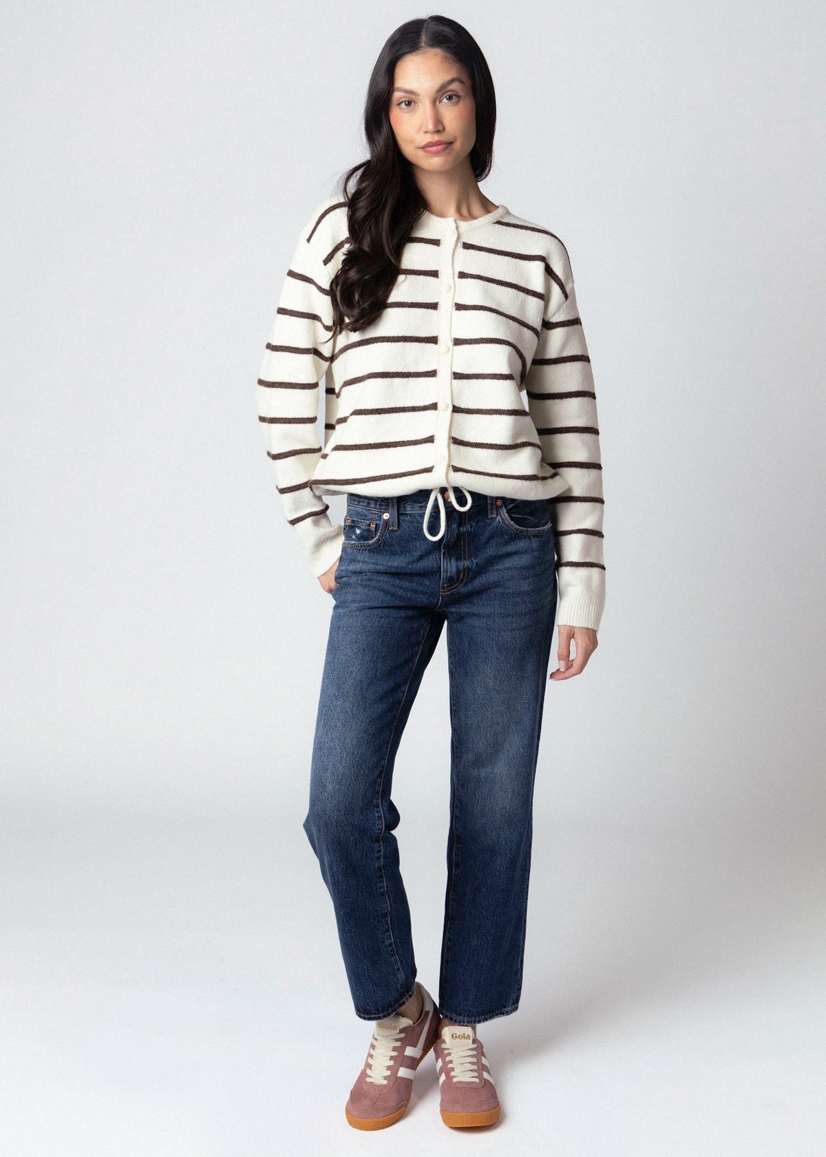 swatch_Ivory/Brown striped drawstring cardigan