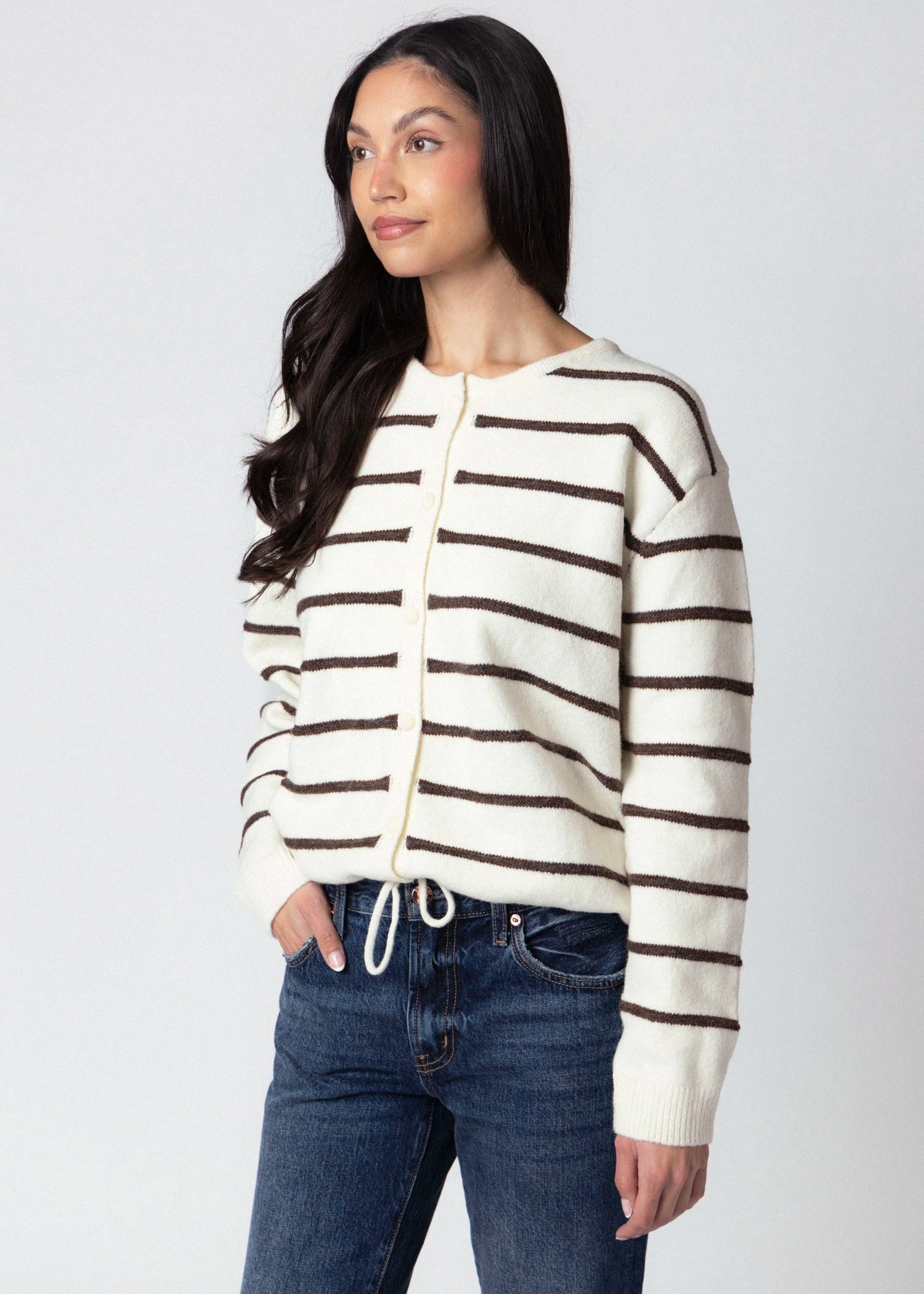 swatch_Ivory/Brown striped drawstring cardigan