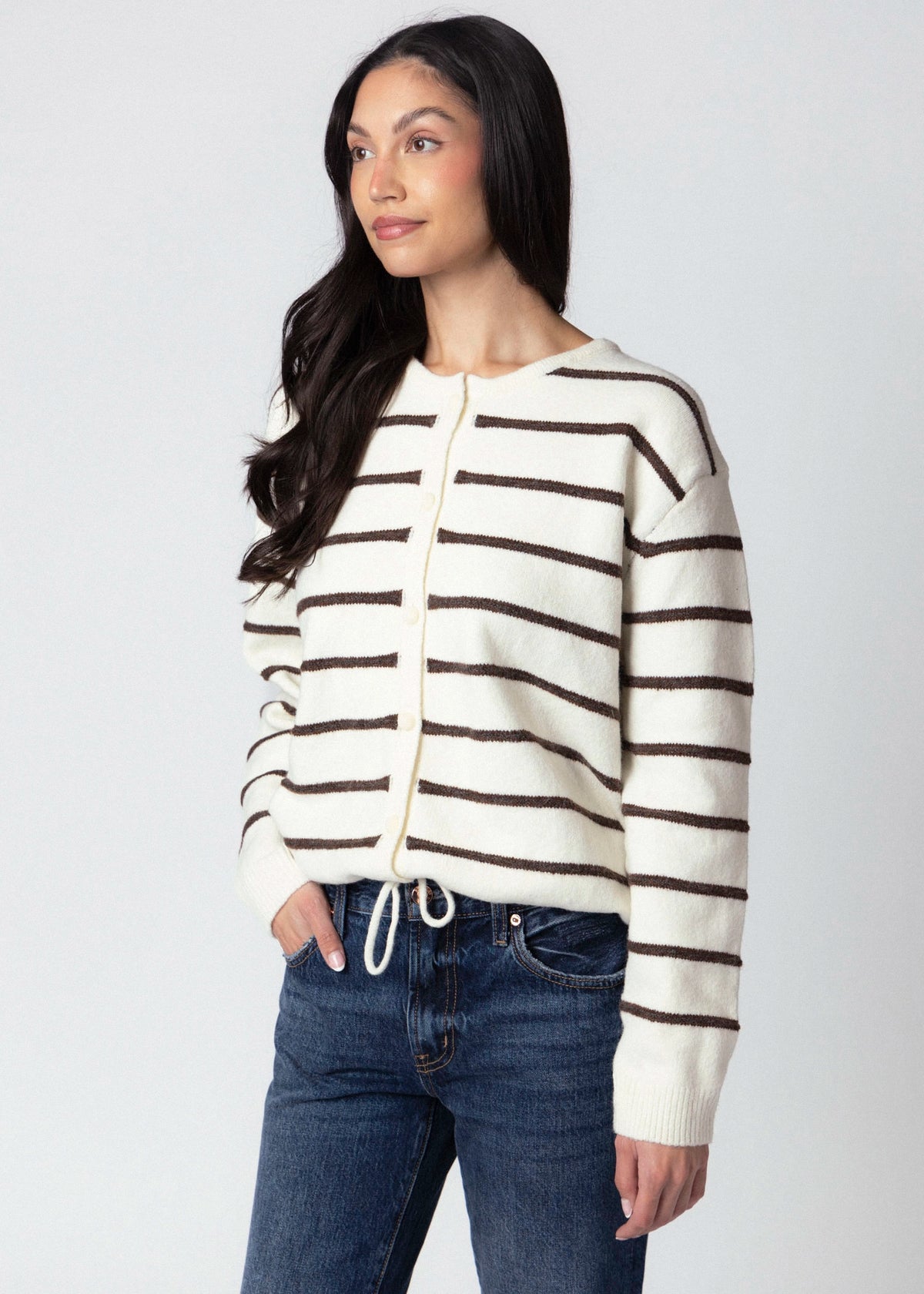swatch_Ivory/Brown striped drawstring cardigan