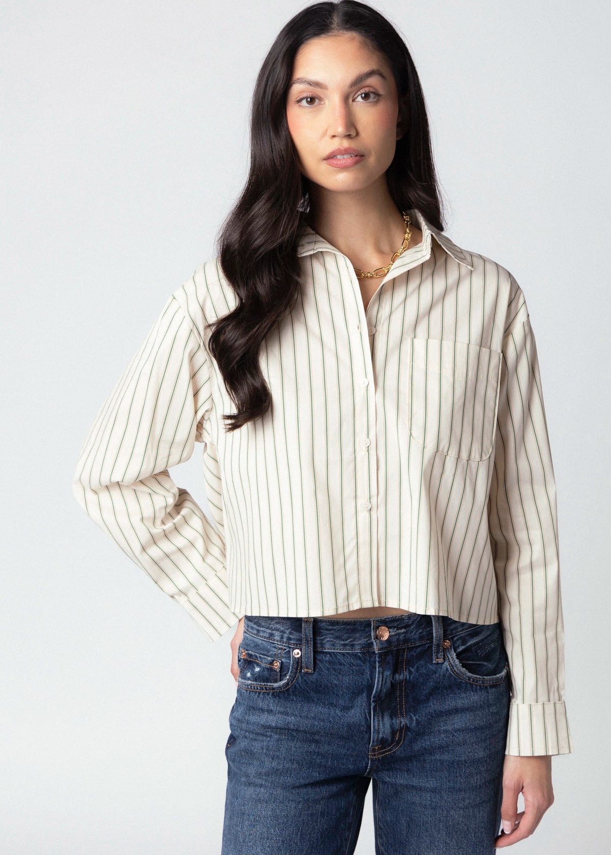 swatch_Teal Stripe little lies romee cropped striped button down