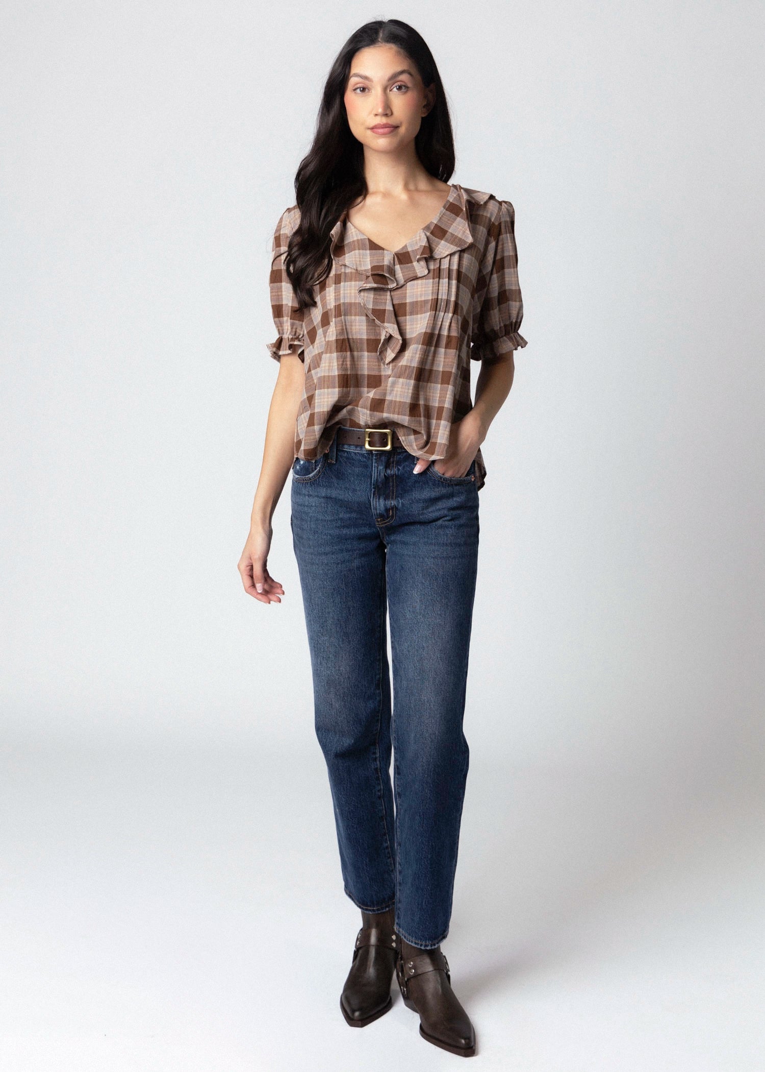 swatch_Brown plaid vneck ruffle blouse