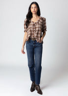 swatch_Brown plaid vneck ruffle blouse