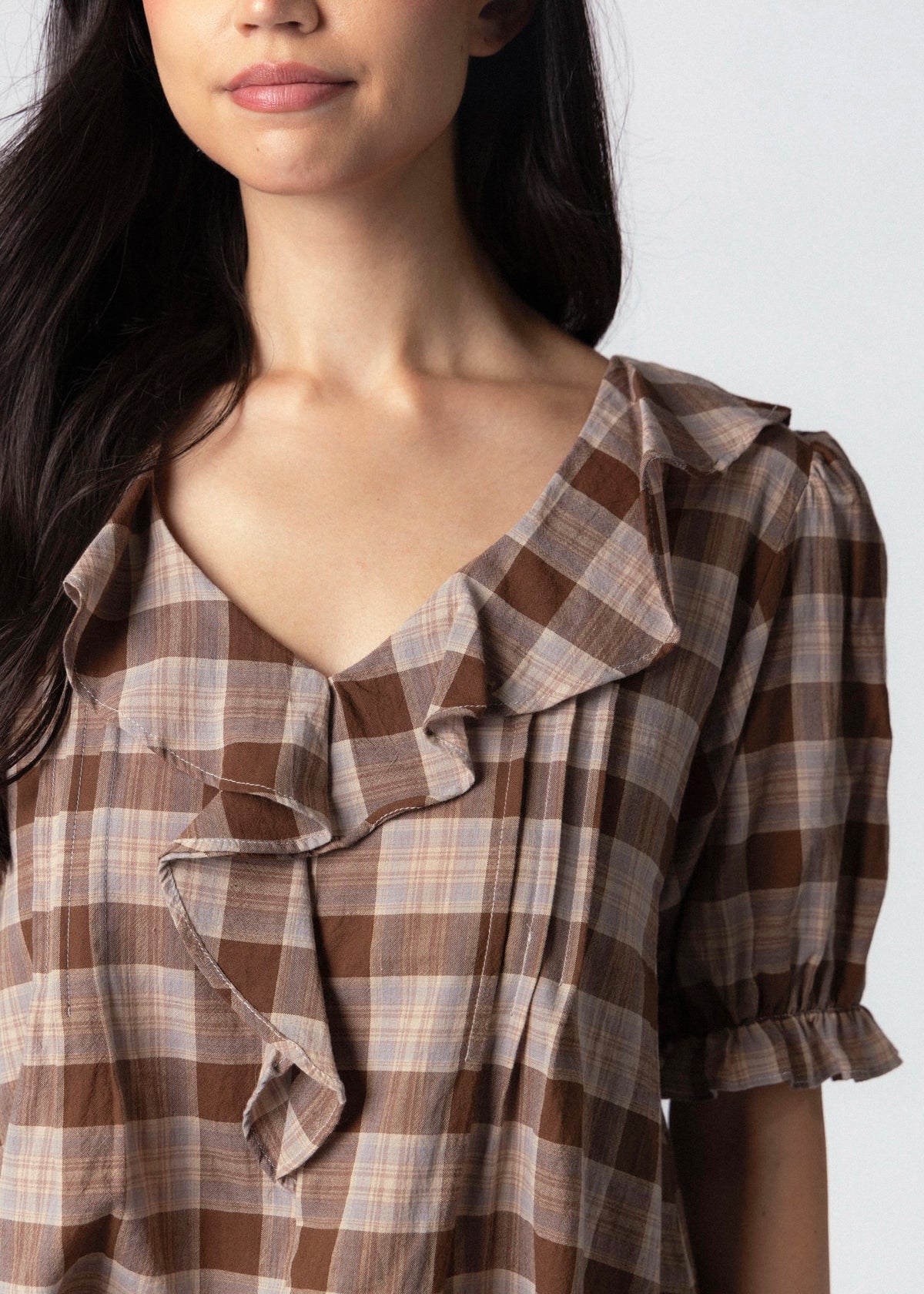 swatch_Brown plaid vneck ruffle blouse