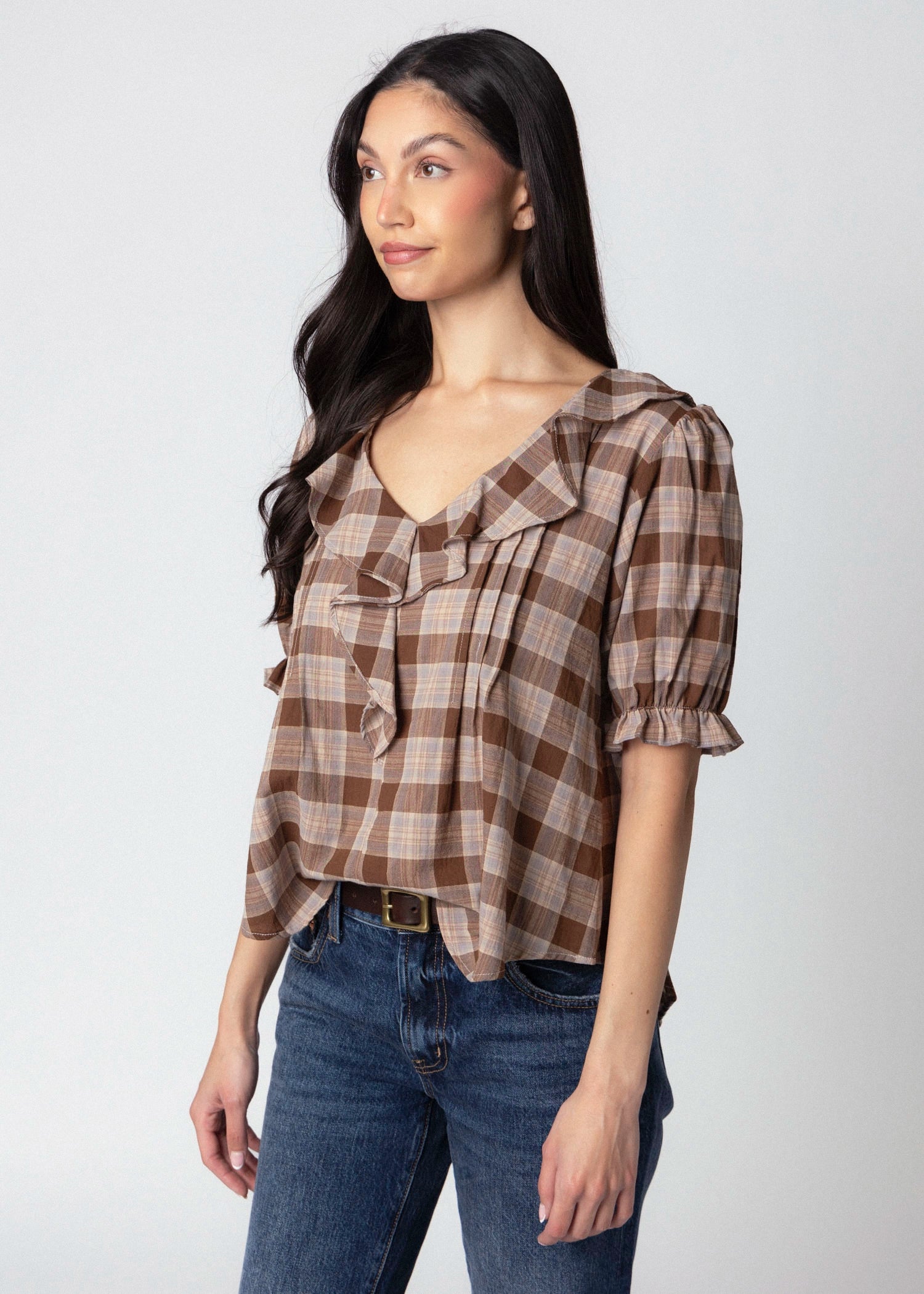 swatch_Brown plaid vneck ruffle blouse