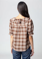 swatch_Brown plaid vneck ruffle blouse