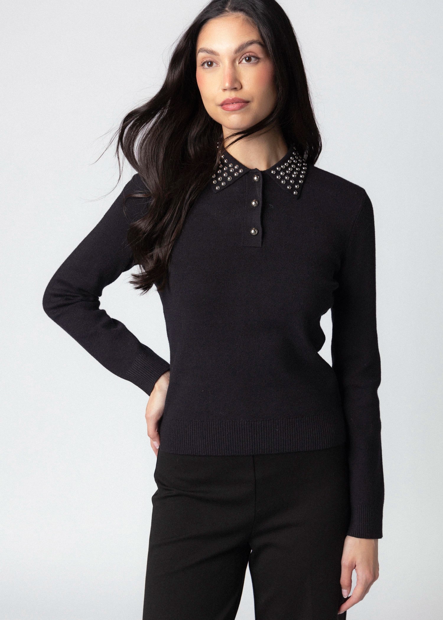 swatch_Black central park west felix studded polo sweater