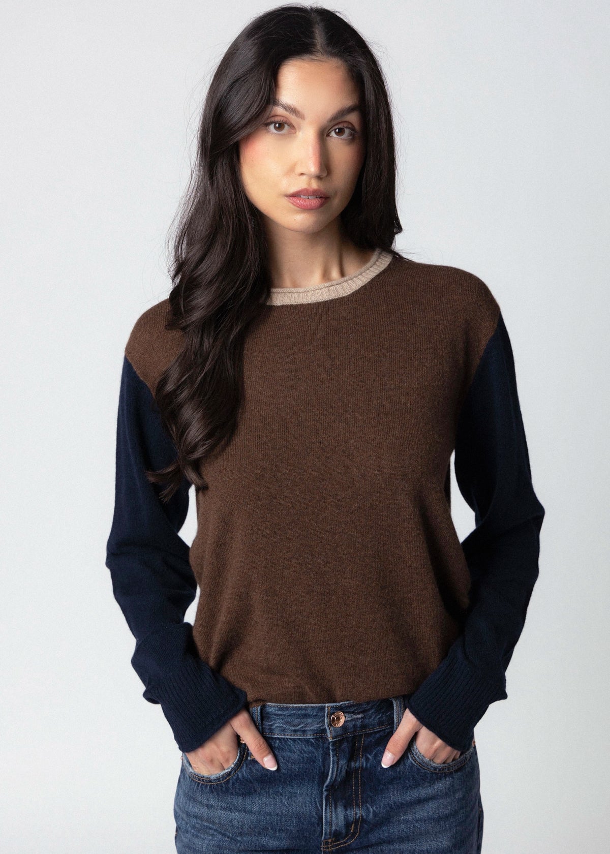 swatch_Chocolate Combo central park west thea cashmere colorblock sweater
