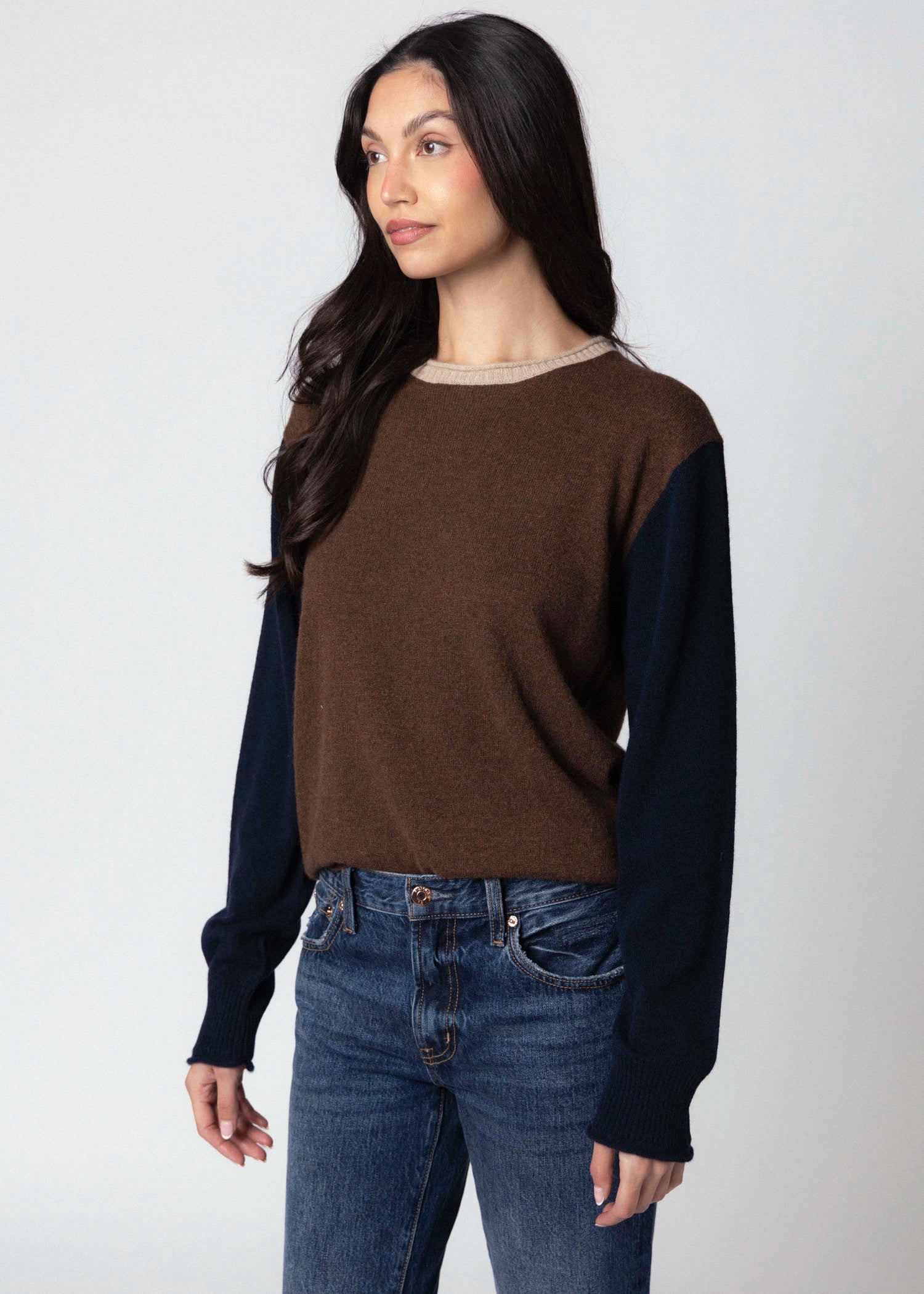 swatch_Chocolate Combo central park west thea cashmere colorblock sweater