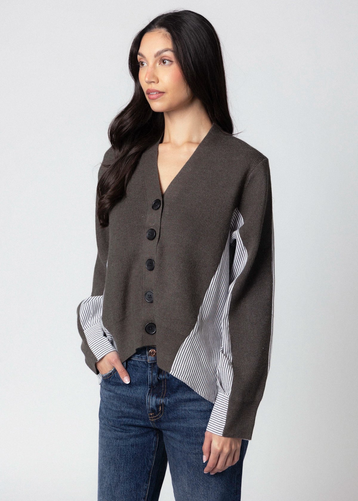 swatch_Charcoal fifteen twenty celine mixed media cardigan