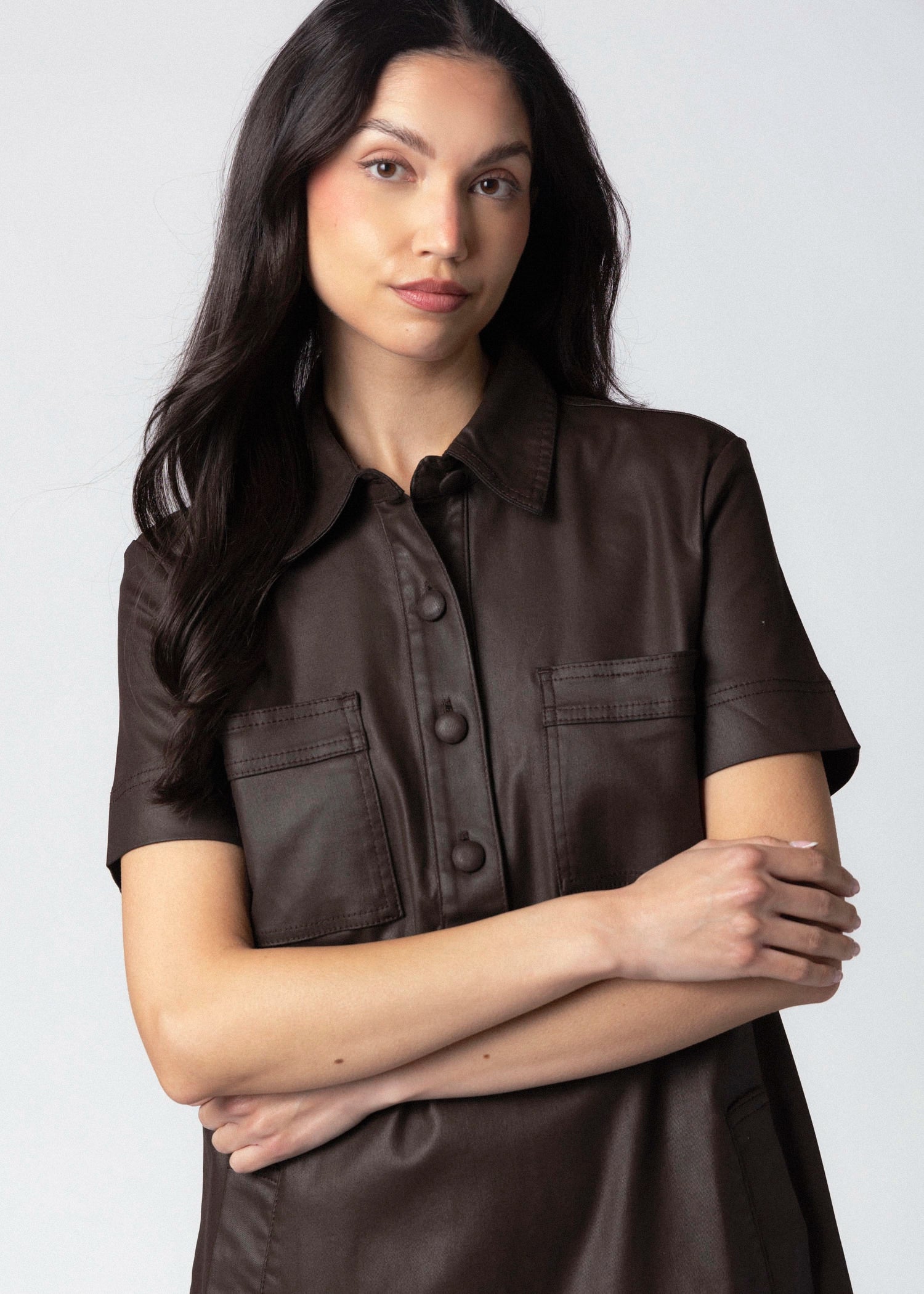 swatch_Chocolate kut from the kloth tatiana faux leather dress