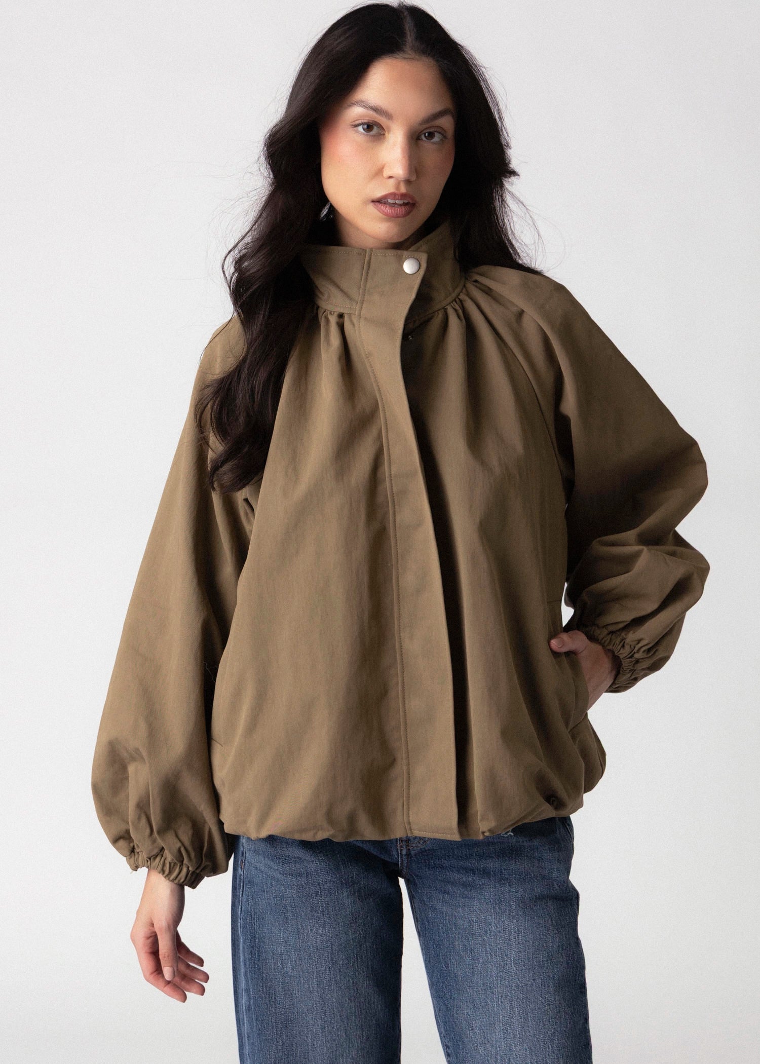 swatch_Light Olive high neck gathered jacket