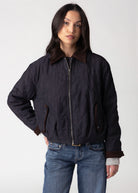 swatch_Denim Blue elle grey contrast collar quilted jacket