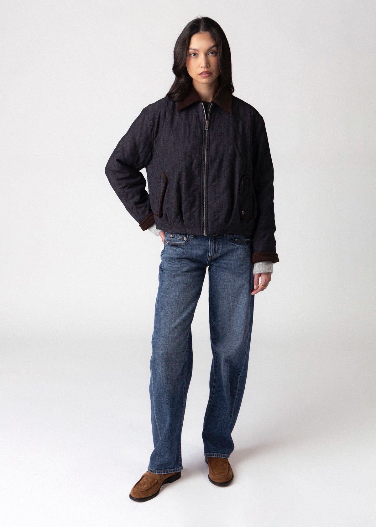 swatch_Denim Blue elle grey contrast collar quilted jacket