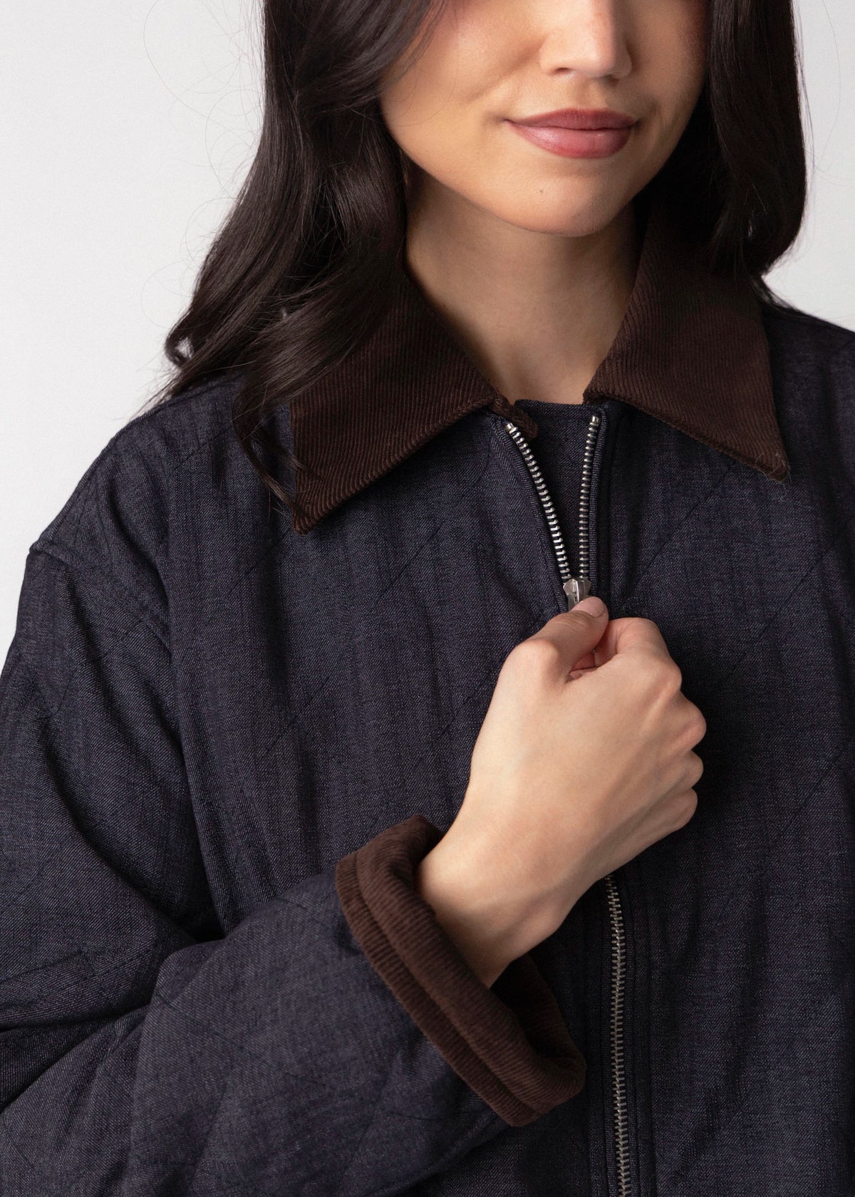 swatch_Denim Blue elle grey contrast collar quilted jacket