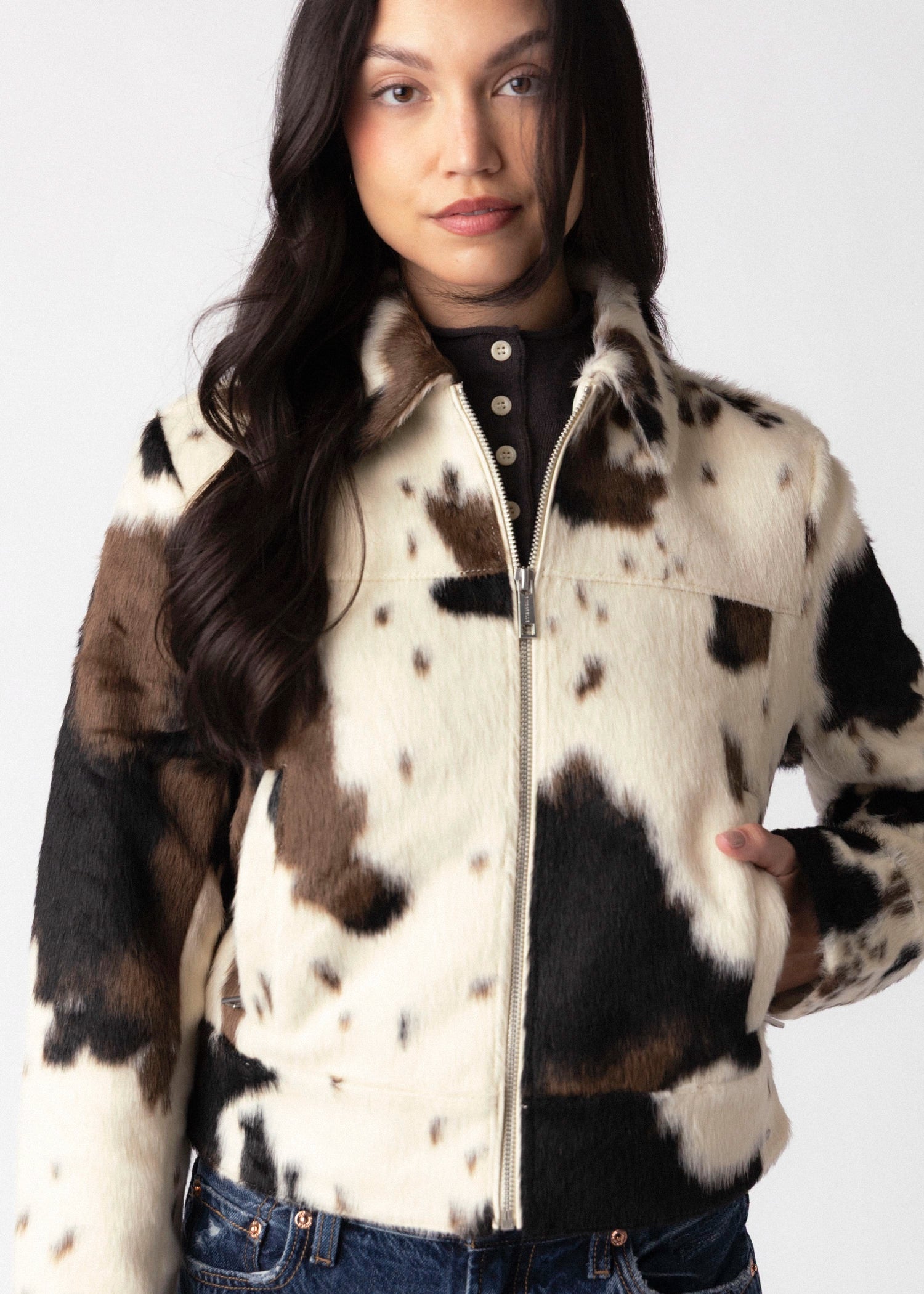 swatch_Cow rino and pelle touka cow print faux fur jacket