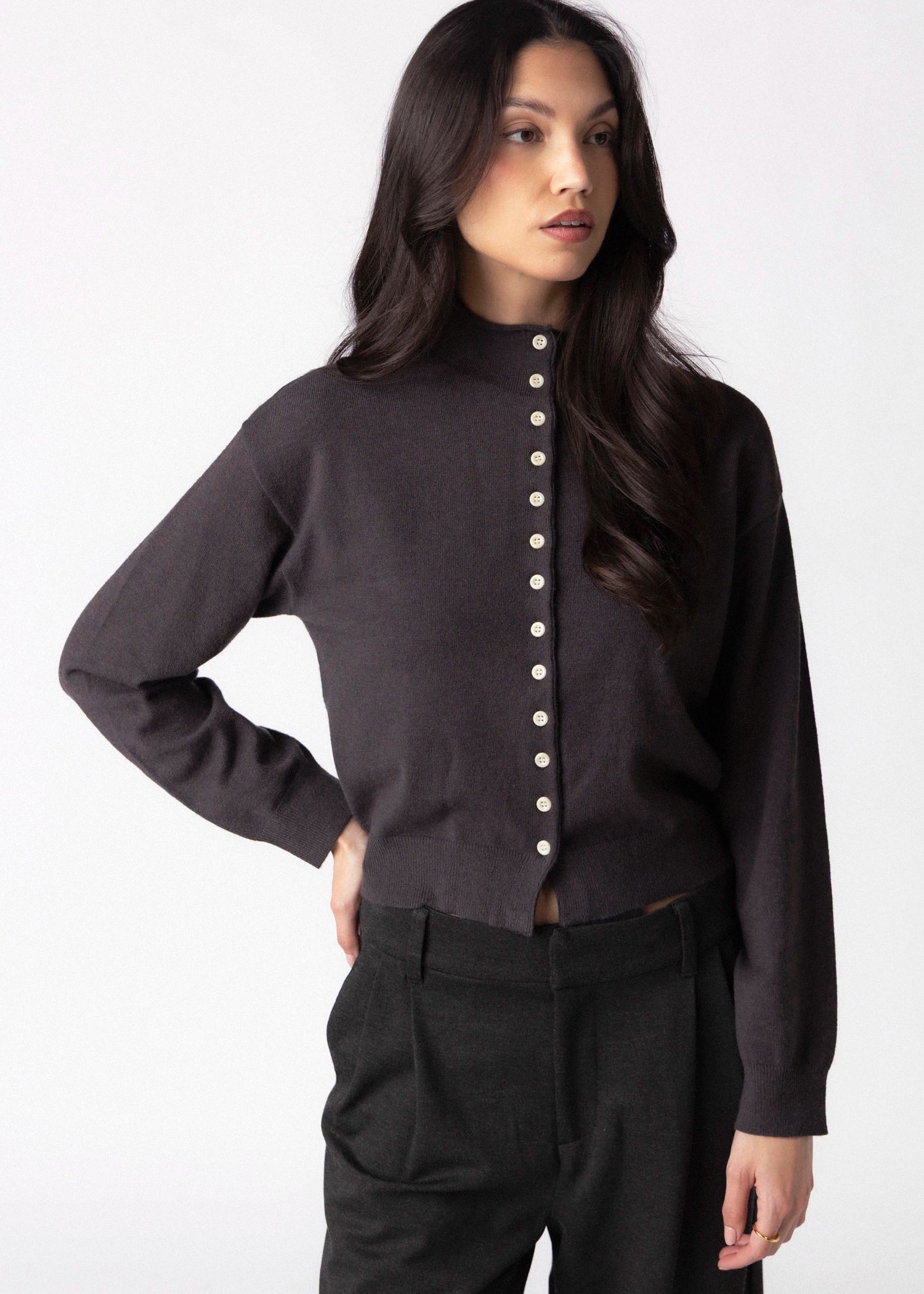 swatch_Charcoal mod ref brooks high neck cardigan