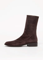 swatch_Chocolate Suede pull on leather bootie shoes