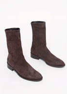 swatch_Chocolate Suede pull on leather bootie shoes