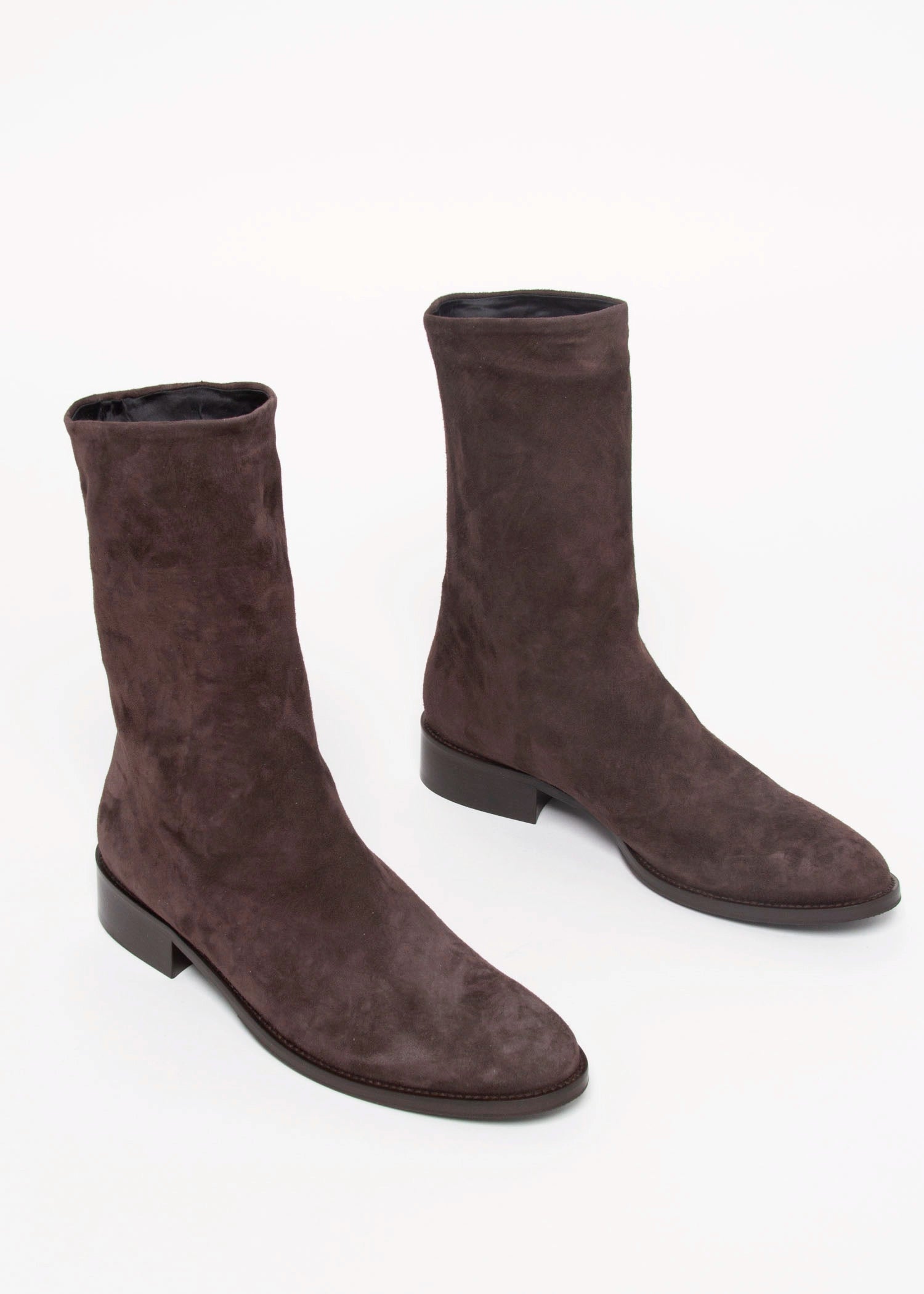 swatch_Chocolate Suede pull on leather bootie shoes