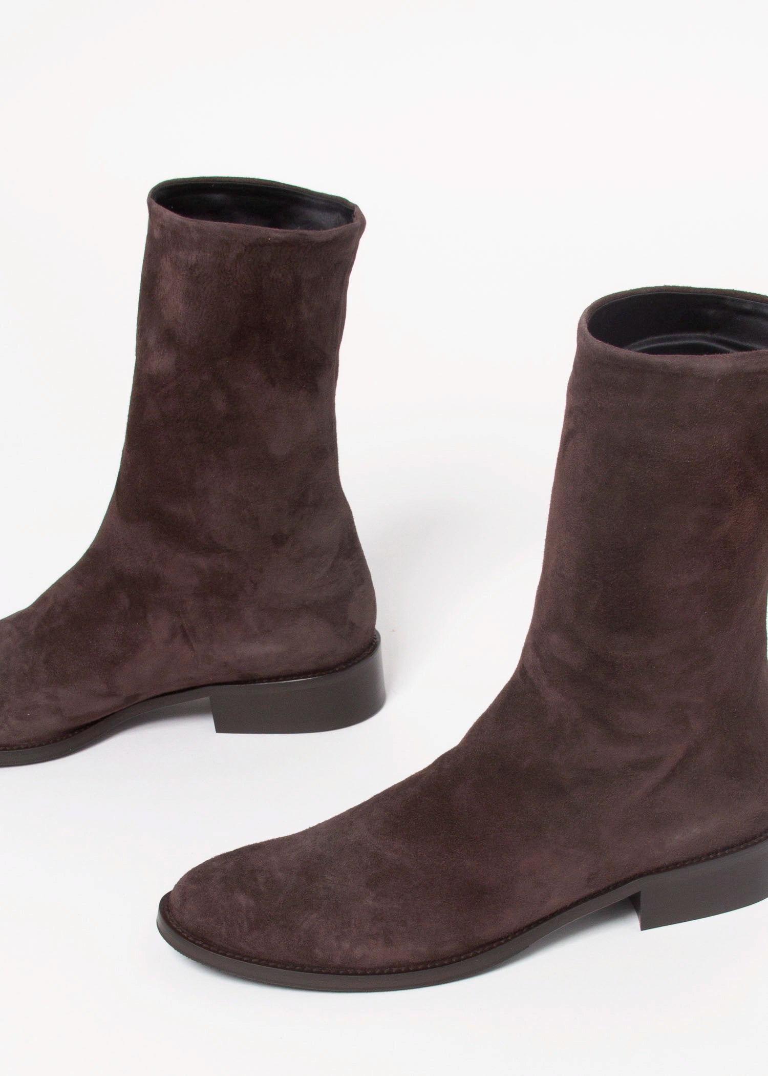 swatch_Chocolate Suede pull on leather bootie shoes