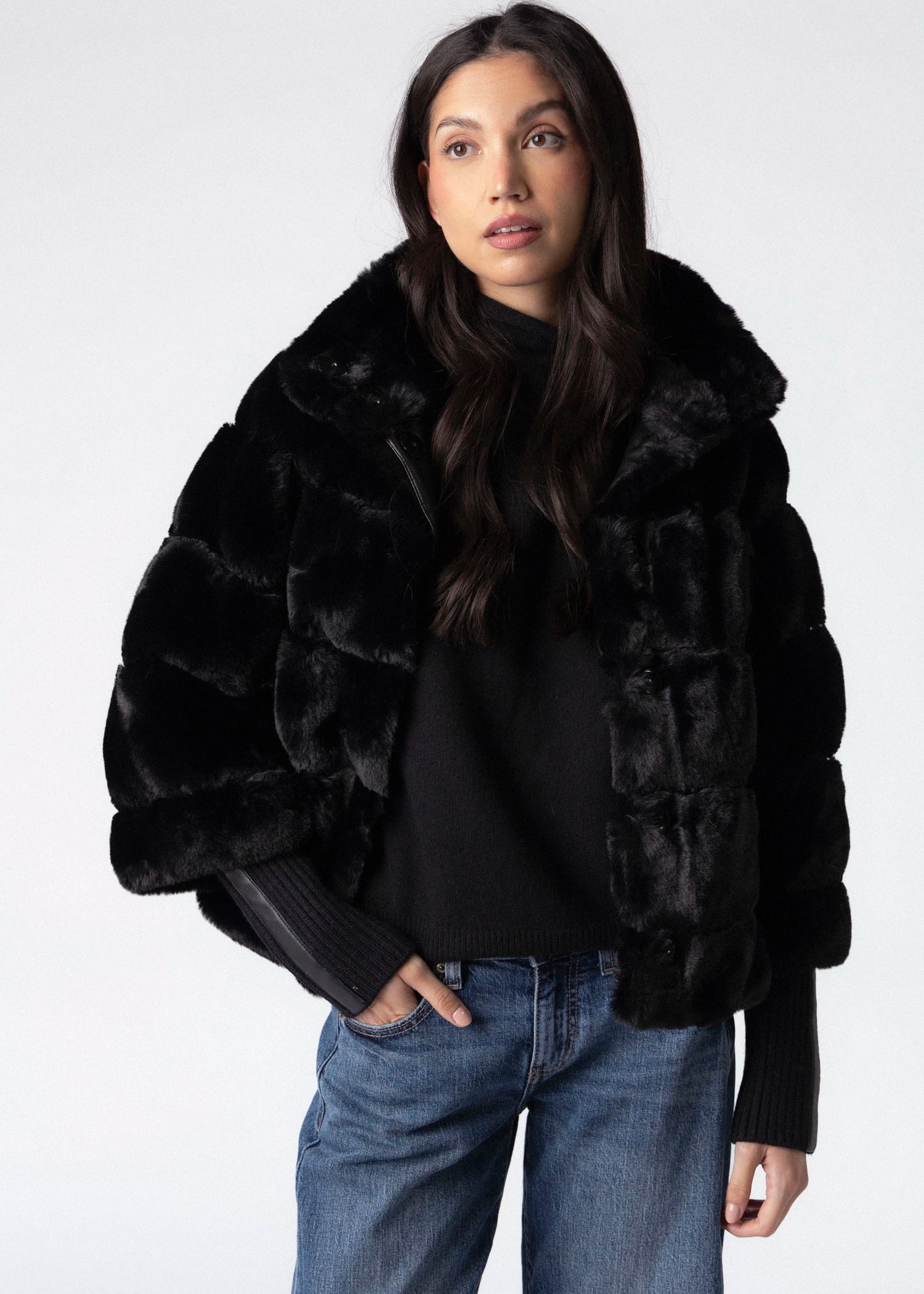 swatch_Black rino and pelle feline quilted faux fur jacket