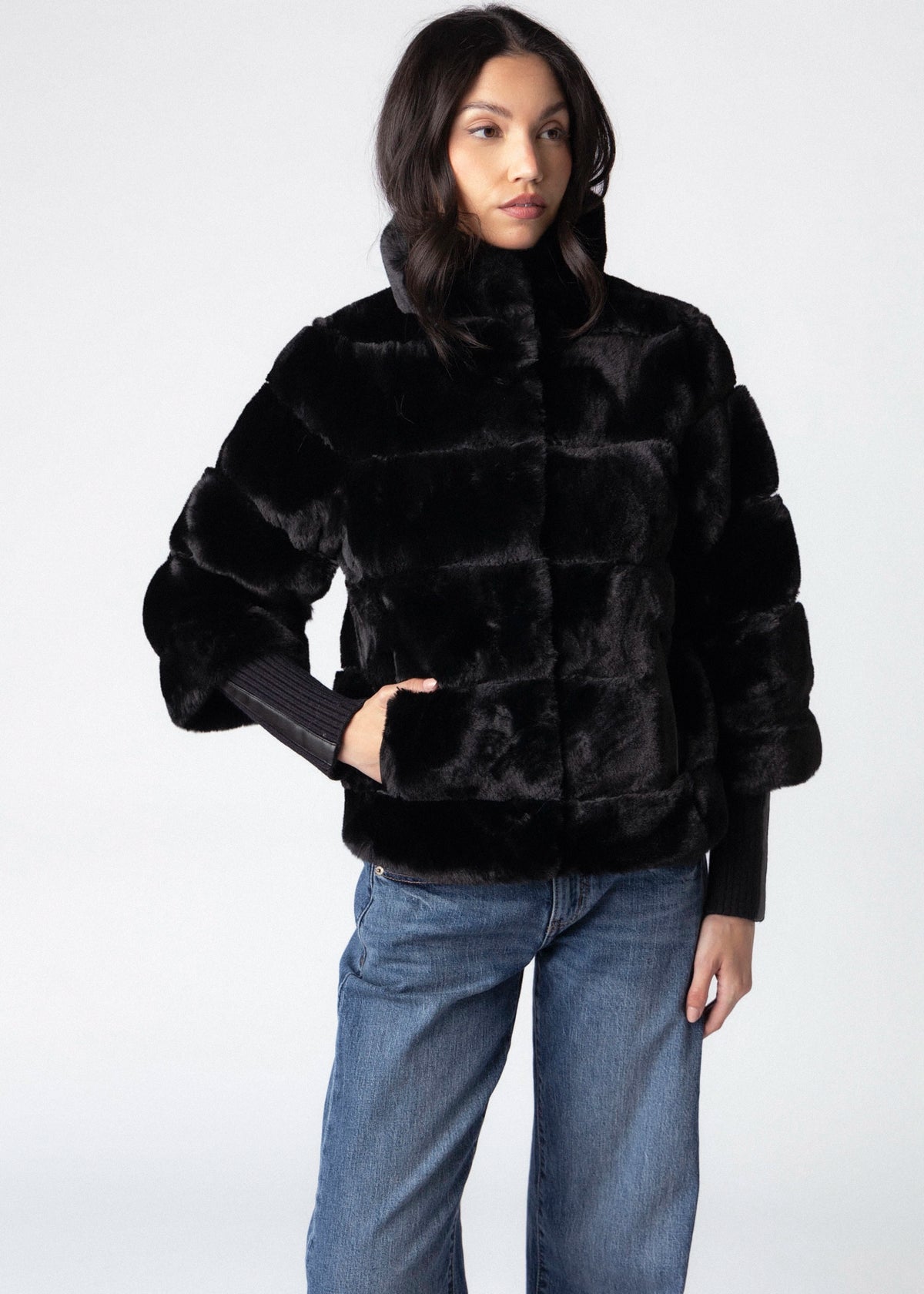 swatch_Black rino and pelle feline quilted faux fur jacket