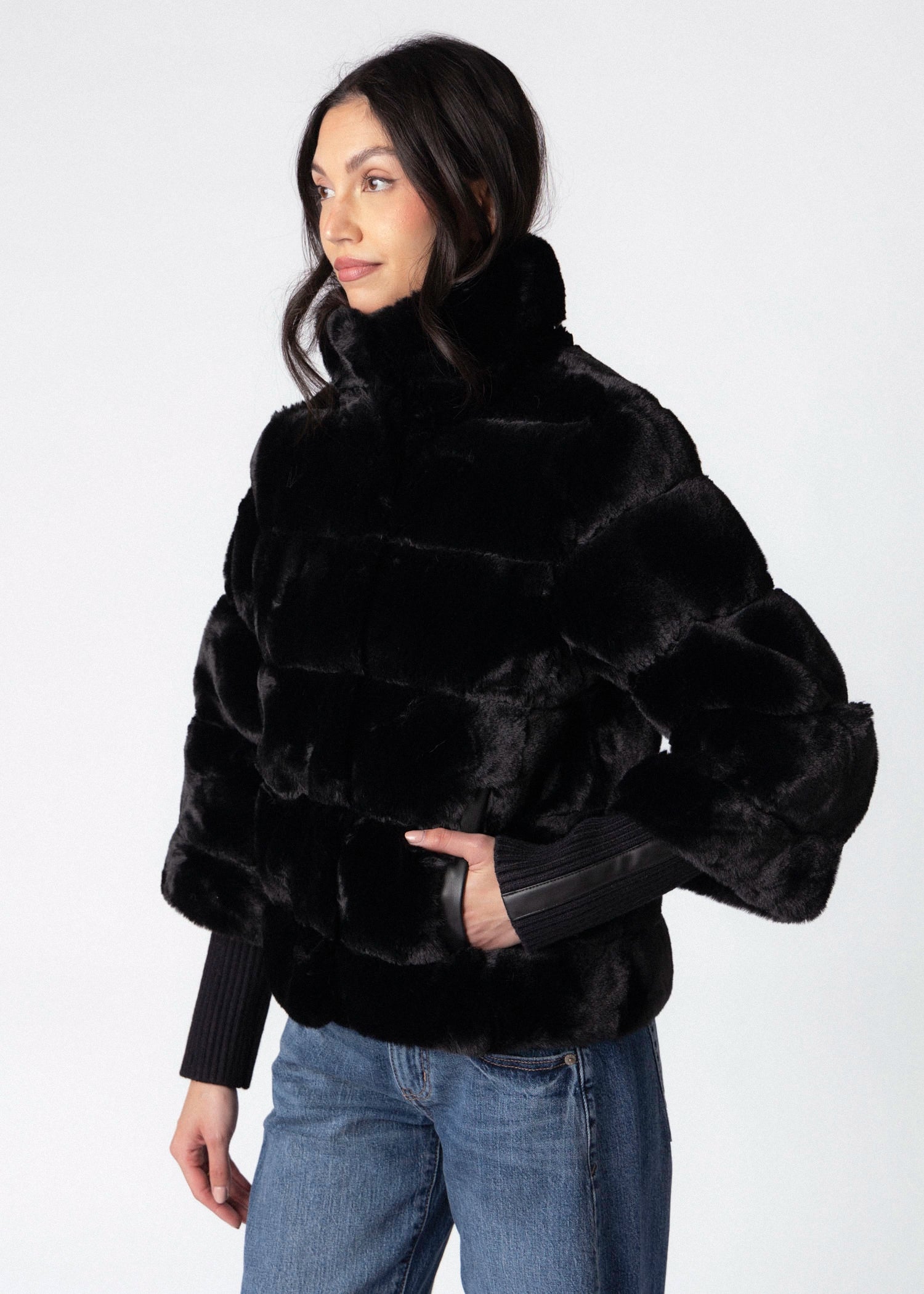 swatch_Black rino and pelle feline quilted faux fur jacket