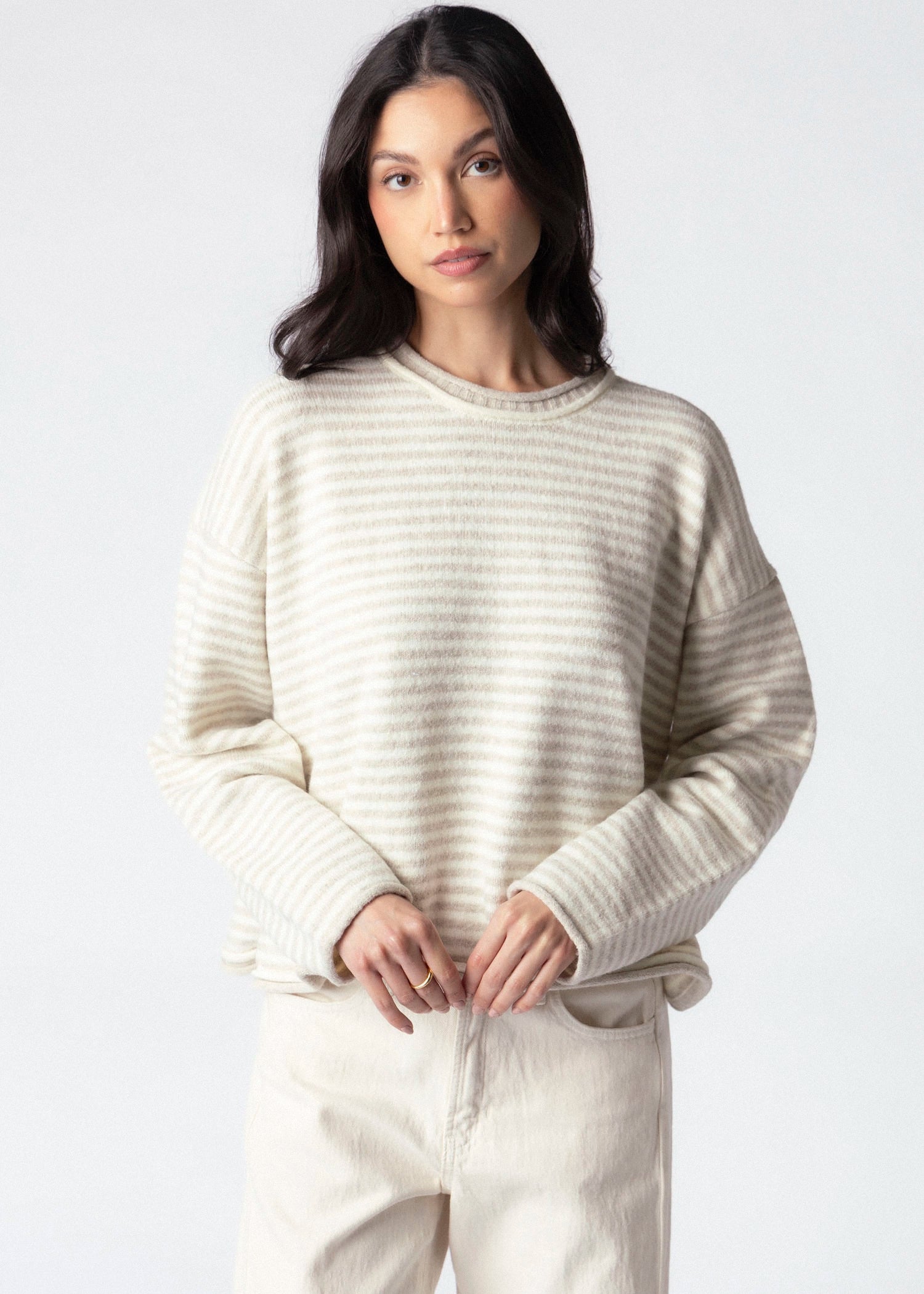 swatch_Oatmeal striped roll neck layered sweater