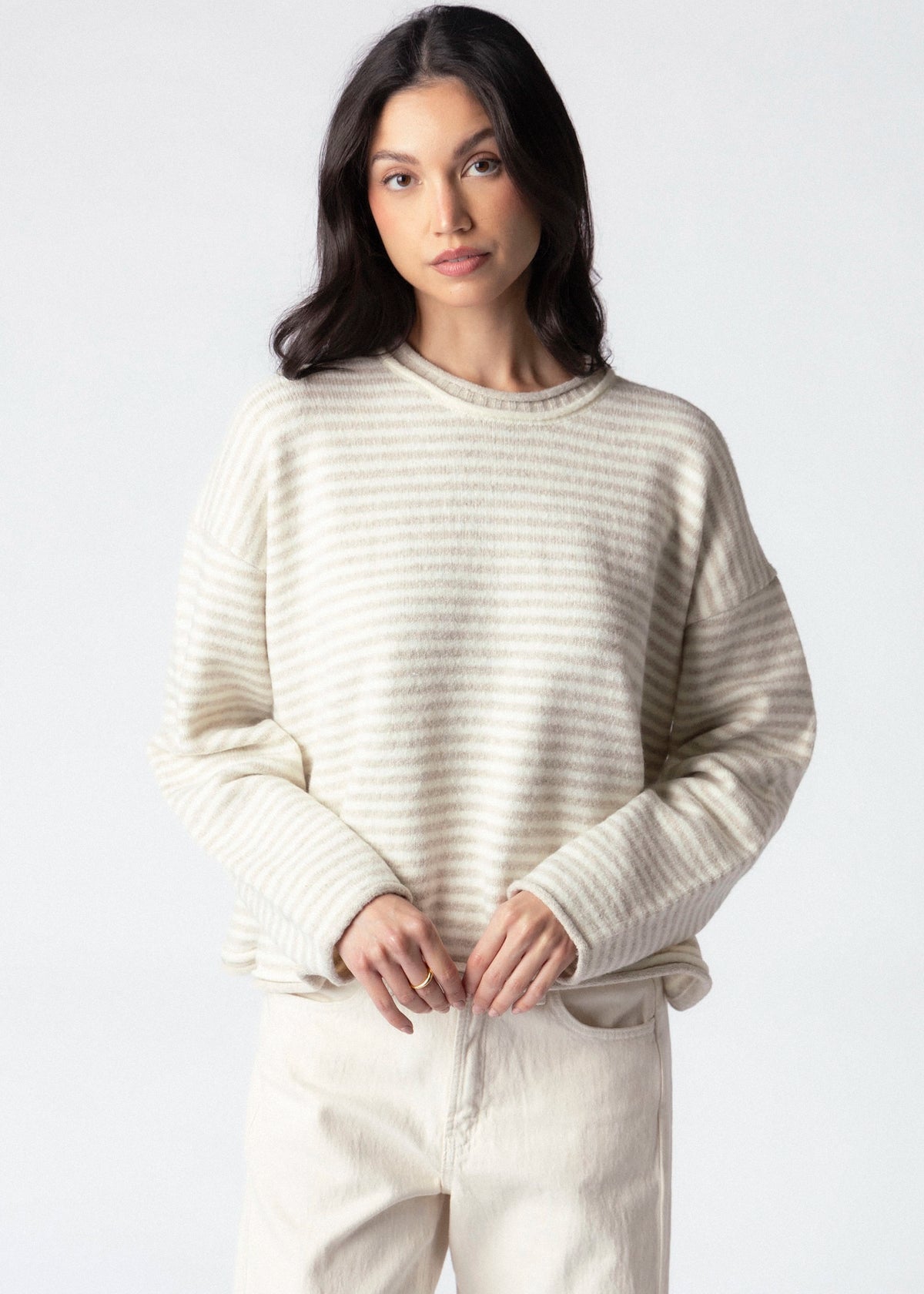 swatch_Oatmeal striped roll neck layered sweater