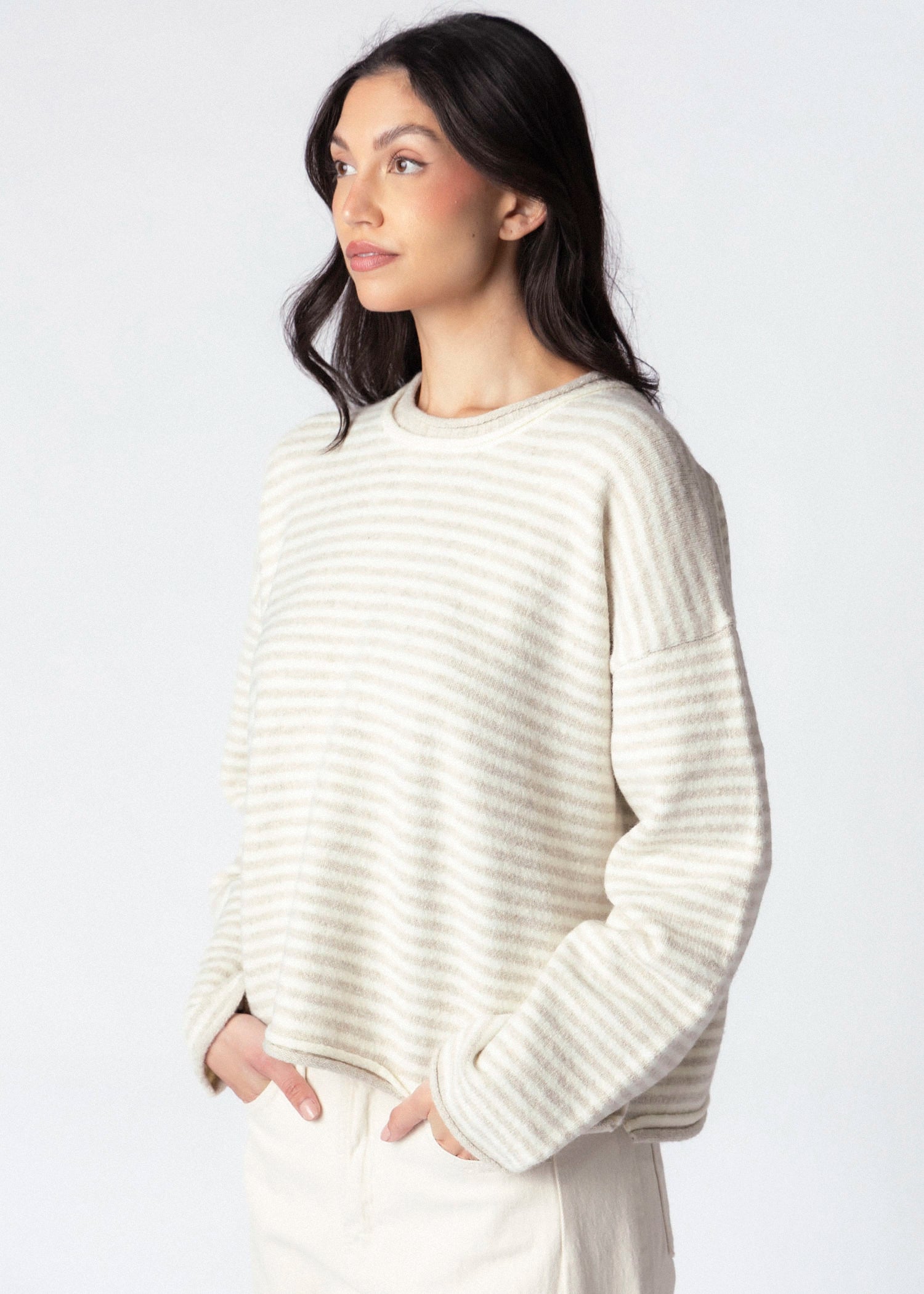 swatch_Oatmeal striped roll neck layered sweater