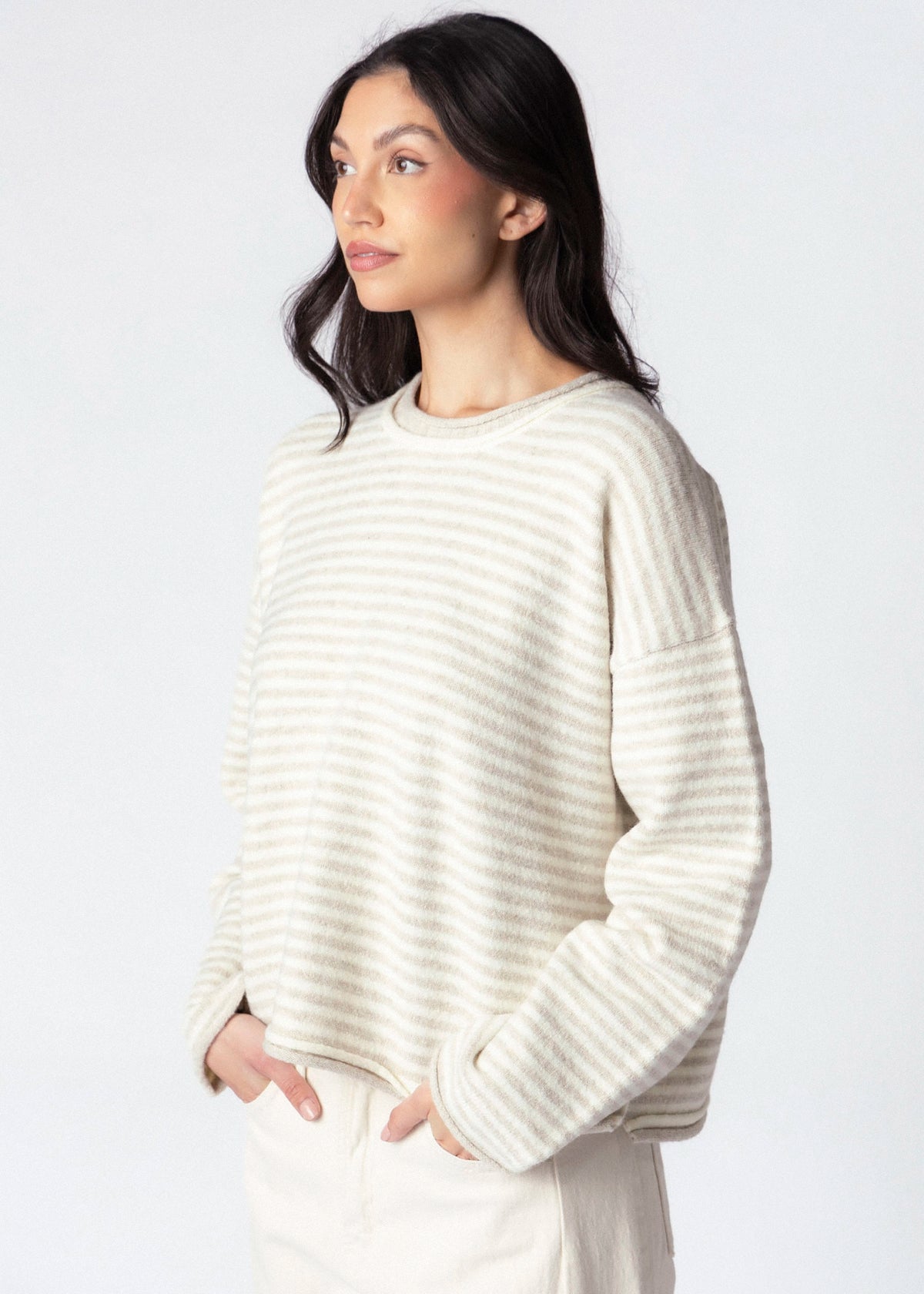 swatch_Oatmeal striped roll neck layered sweater