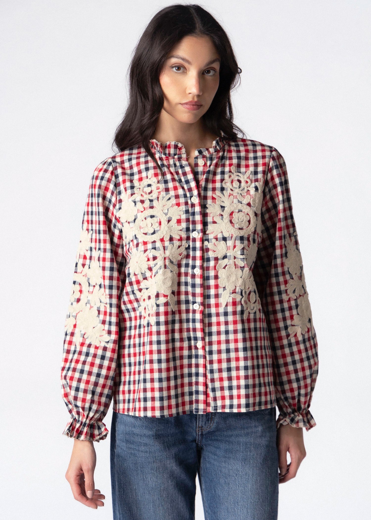 swatch_Red/Navy urban daizy embroidered gingham blouse