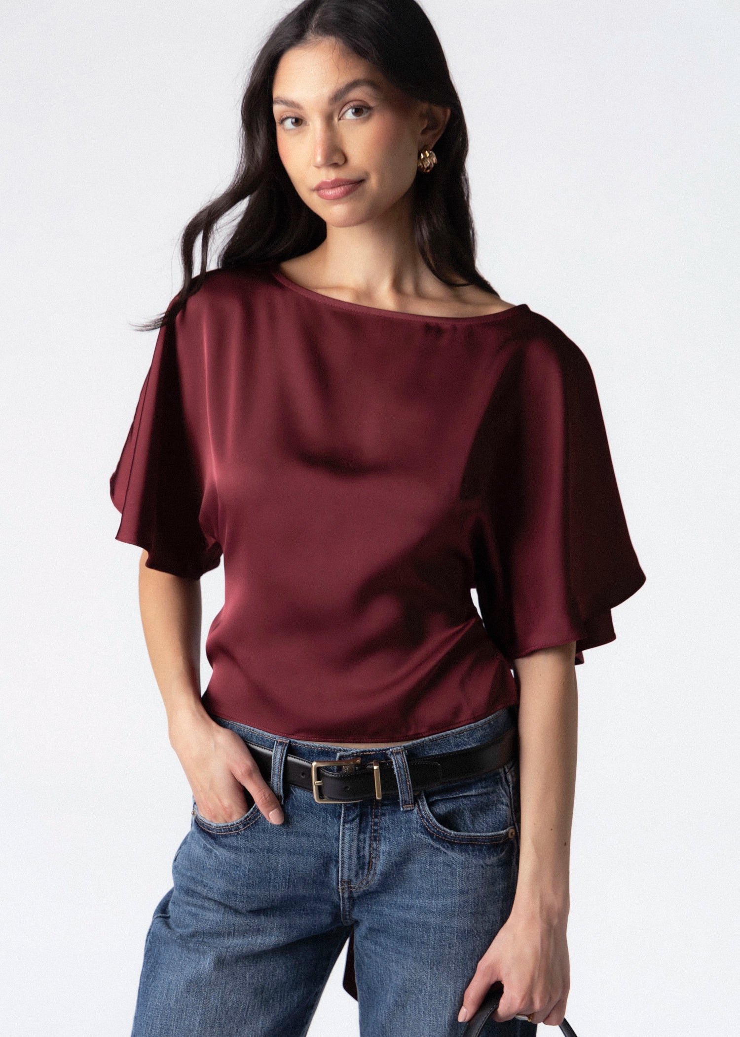 swatch_Burgundy satin darla flutter sleeve top