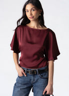 swatch_Burgundy satin darla flutter sleeve top