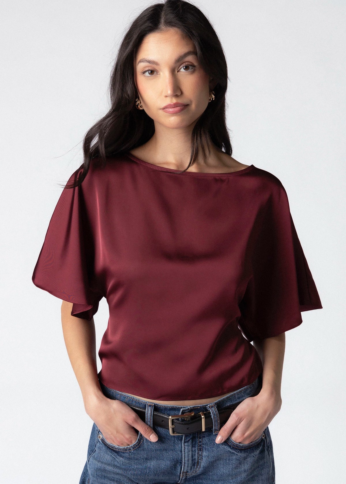 swatch_Burgundy satin darla flutter sleeve top