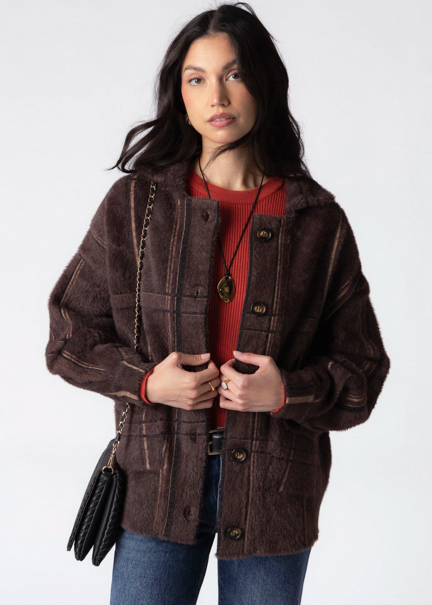 swatch_Oak Multi sage the label lola plaid sweater jacket