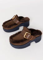 swatch_Chocolate 4ccccees plia amber platform shearling clog