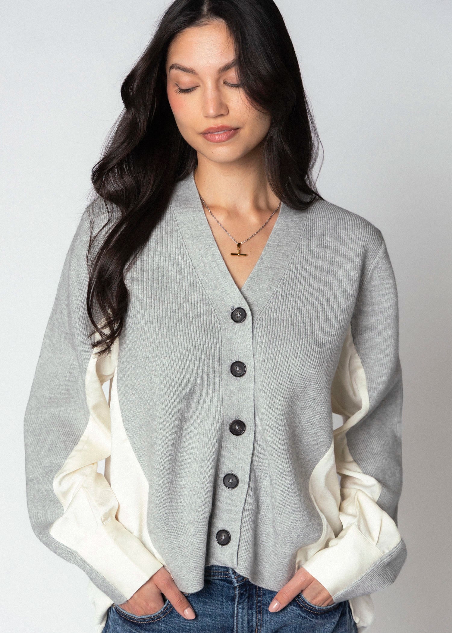 swatch_Light Heather fifteen twenty celine mixed media cardigan