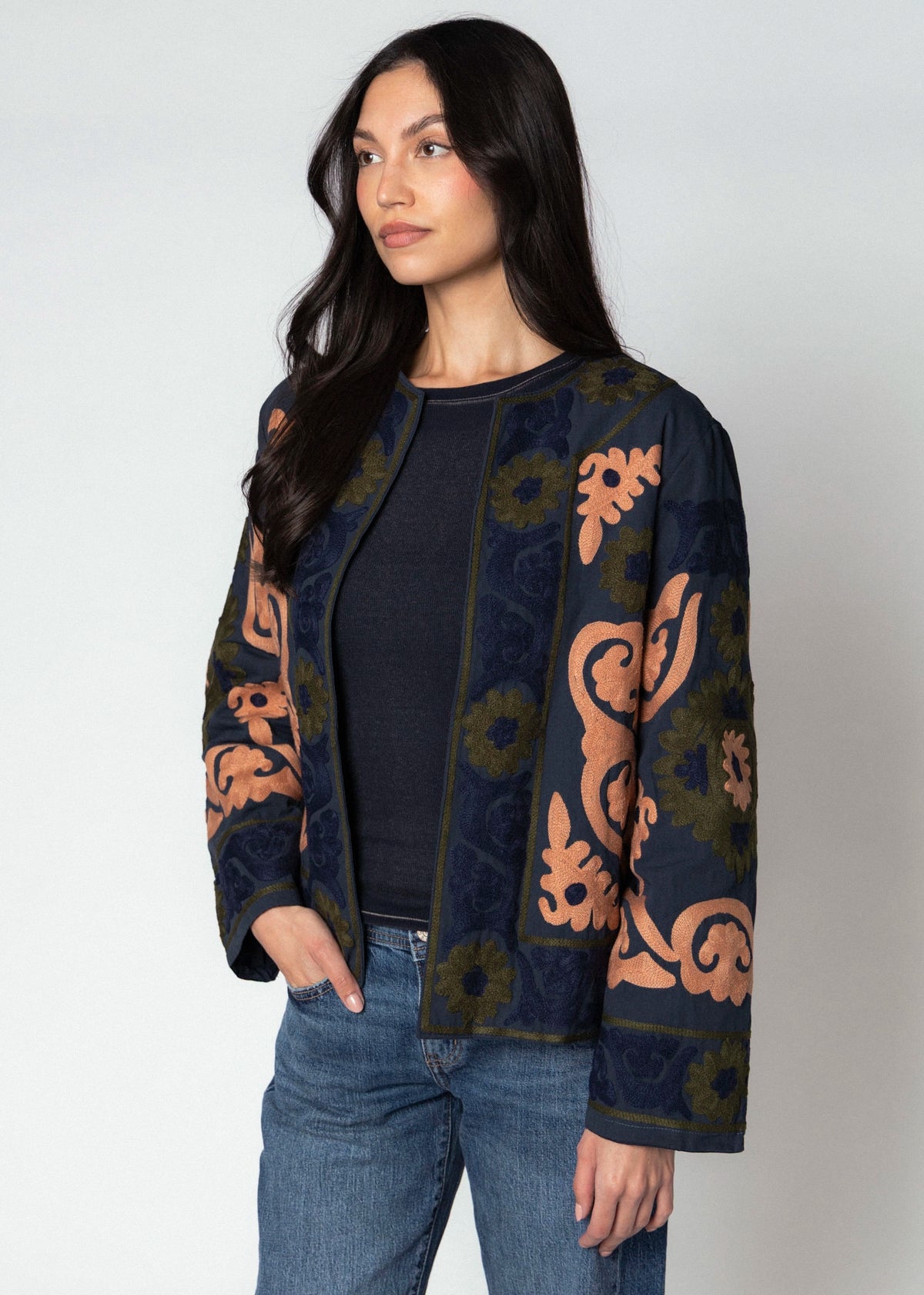swatch_Navy embroidered cotton jacket