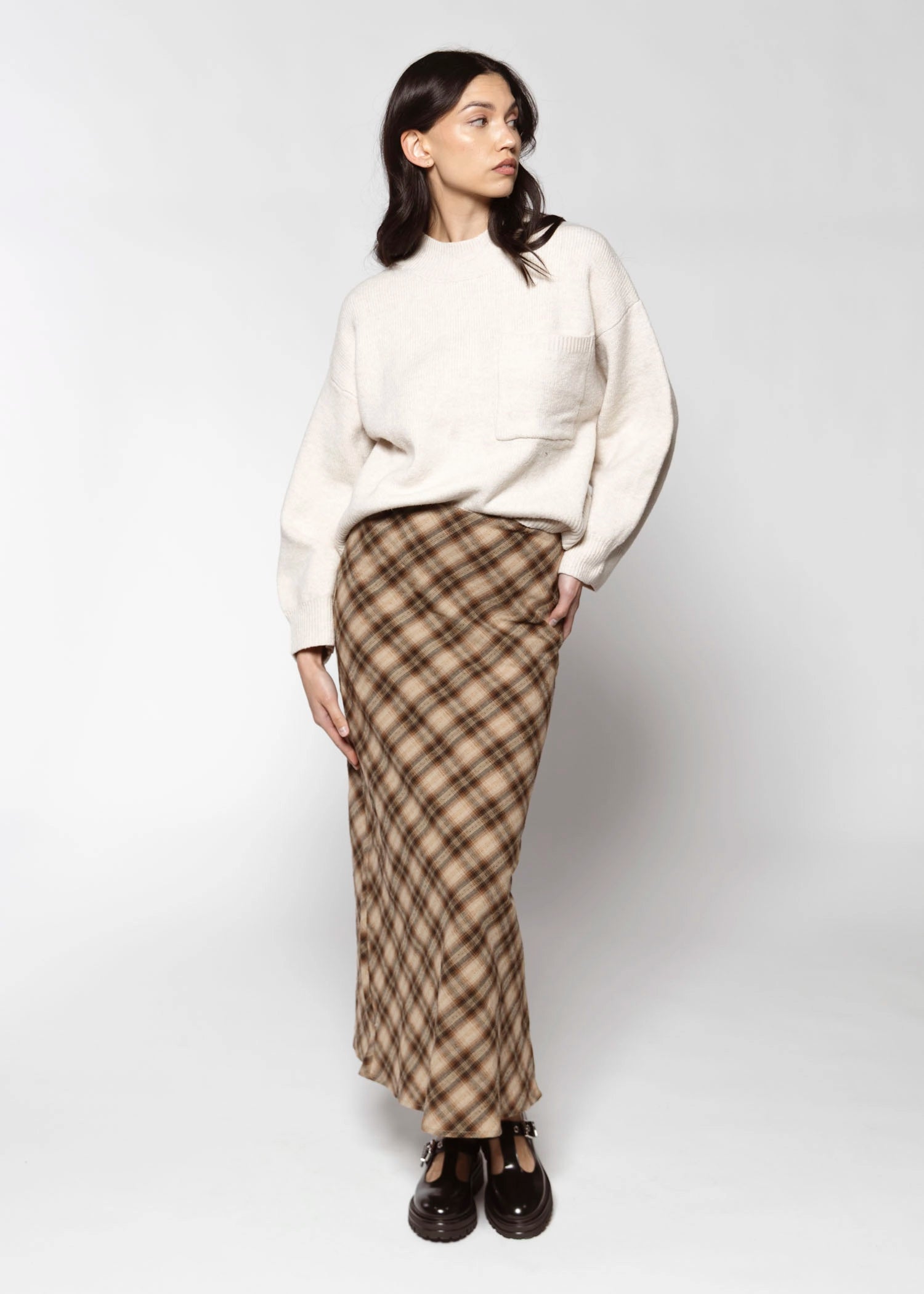 swatch_Brown Multi plaid. midi skirt