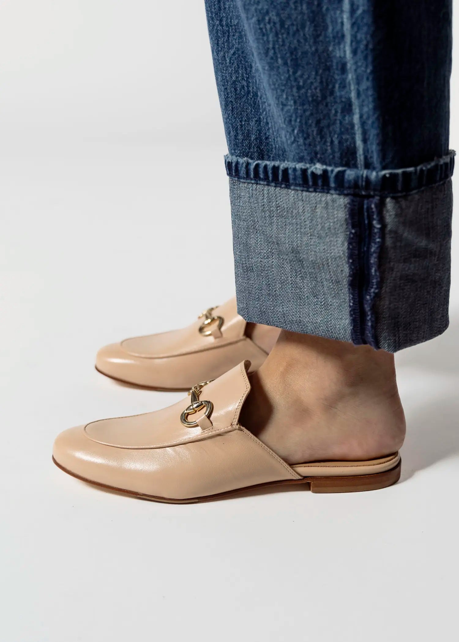 swatch_ecru leather leather mule with bit flat shoes